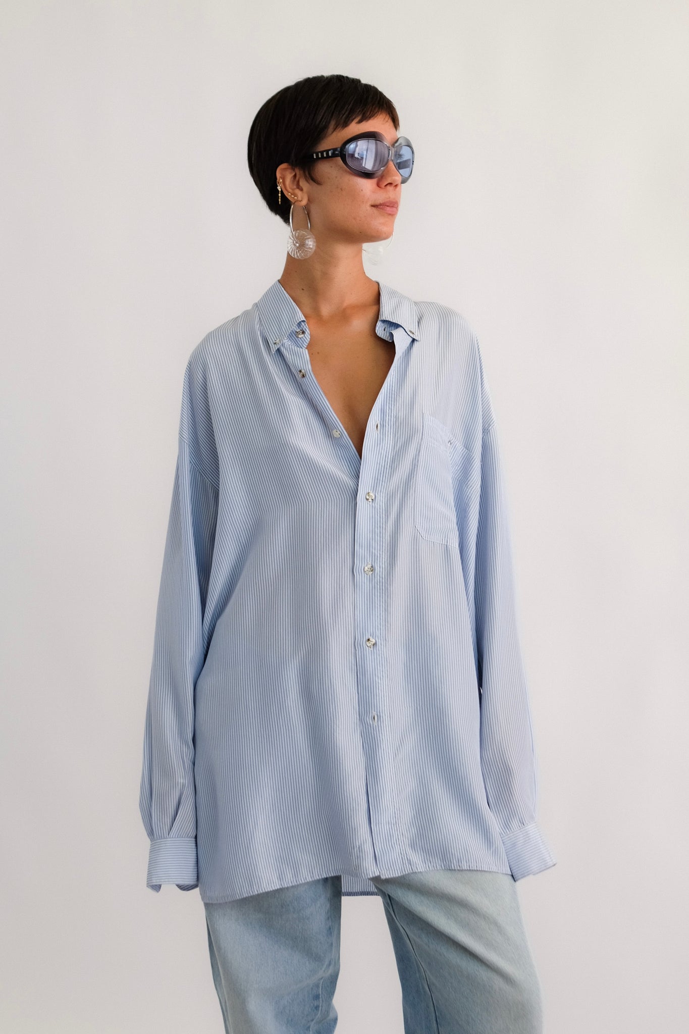 OVERSIZE SHIRT IN BLUE STRIPE SILK SATIN