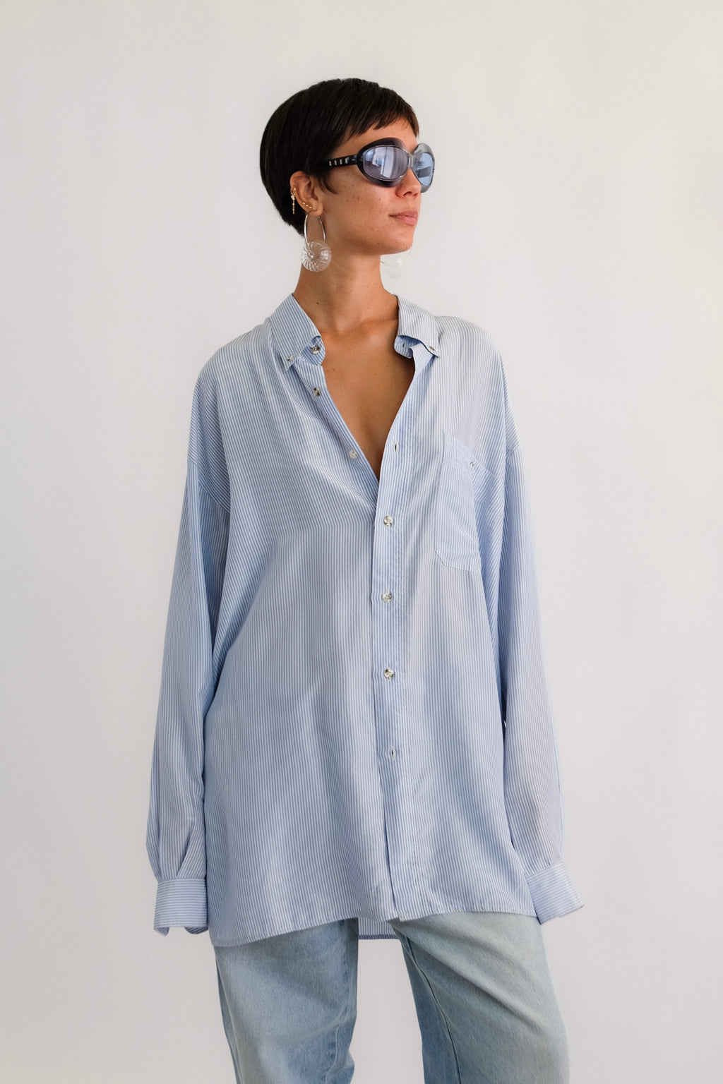 OVERSIZE SHIRT IN BLUE STRIPE SILK SATIN