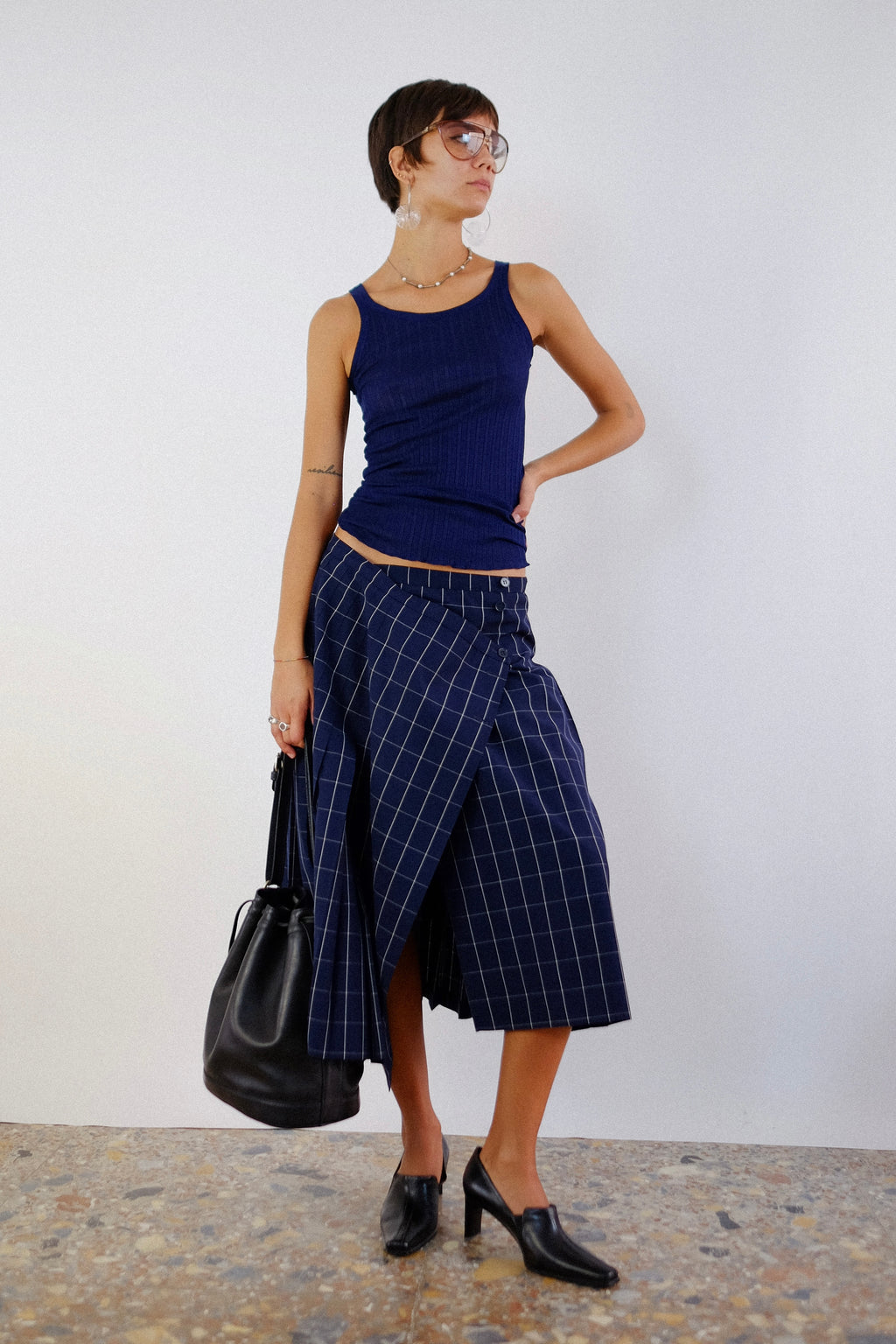 MARINA RINALDI WRAP SKIRT IN NAVY BLUE PLAID