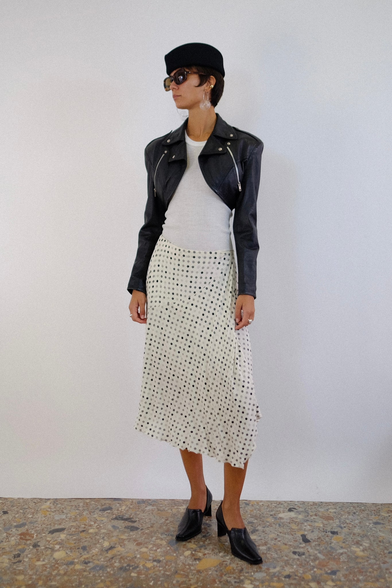 LES COPAINS POLKA DOTS BIAS DRAPE SKIRT IN WHITE AND GREY