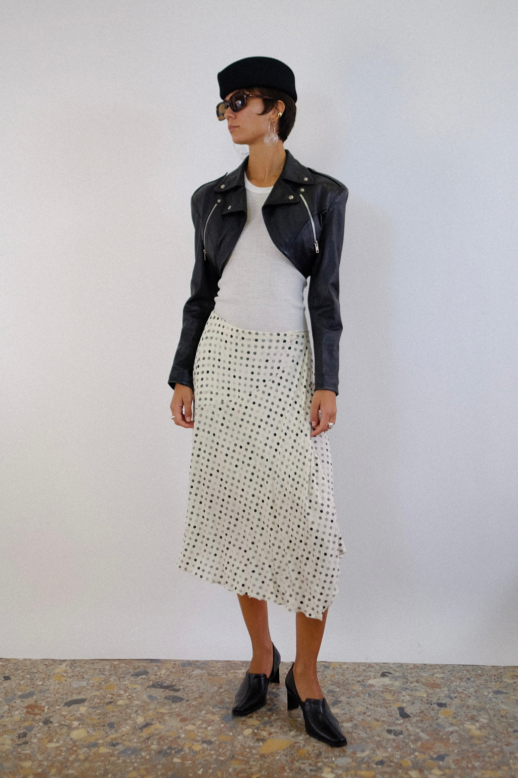 LES COPAINS POLKA DOTS BIAS DRAPE SKIRT IN WHITE AND GREY