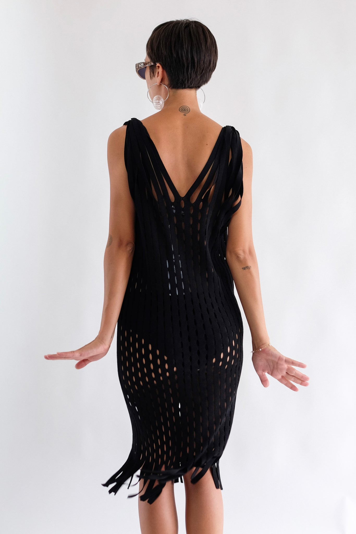 PIANURASTUDIO DEADSTOCK CUT-OUT FRINGED KNIT DRESS IN BLACK