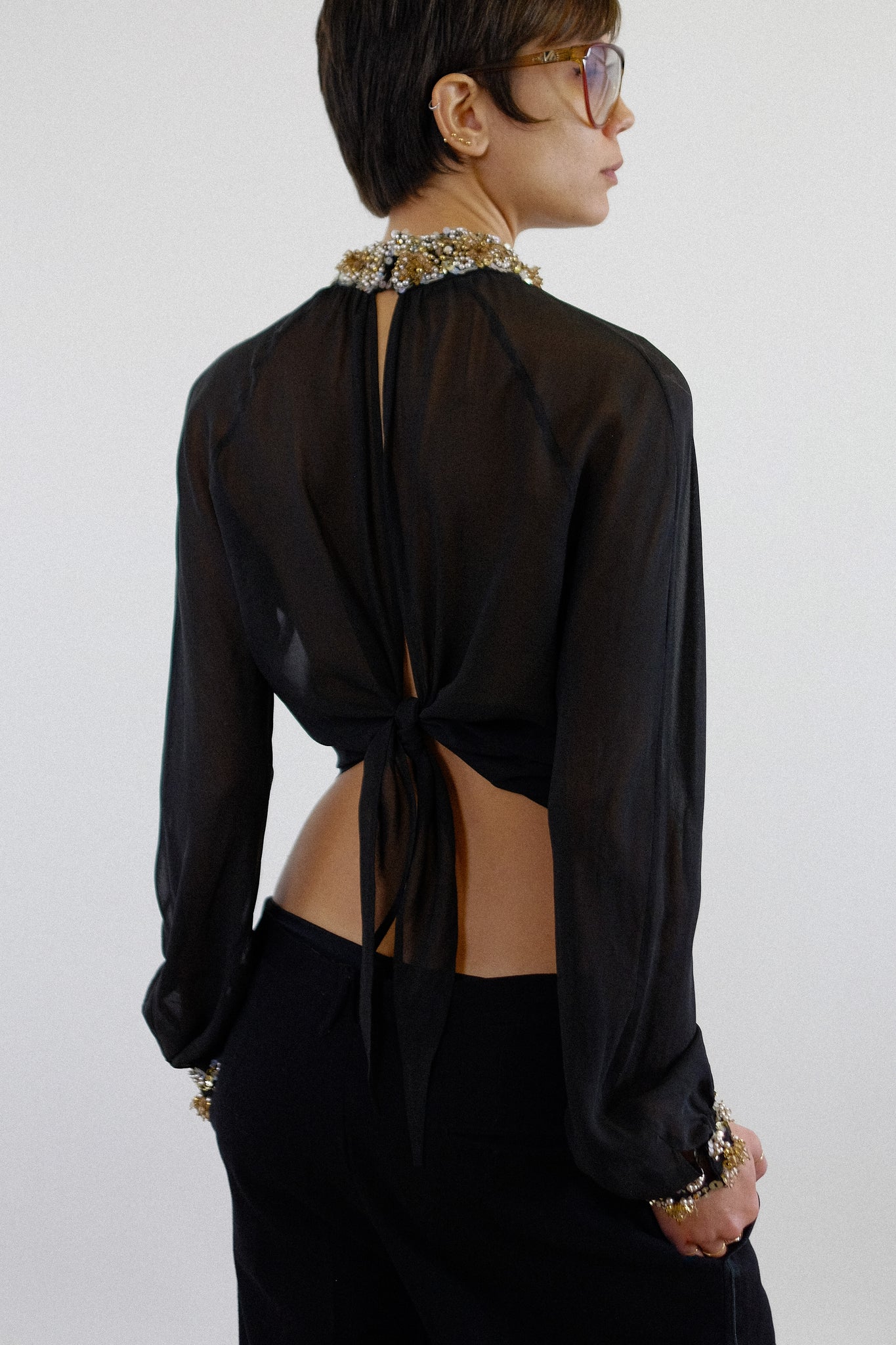 CARINI HAND EMBROIDERED SILK CHIFFON TIE BLOUSE IN BLACK