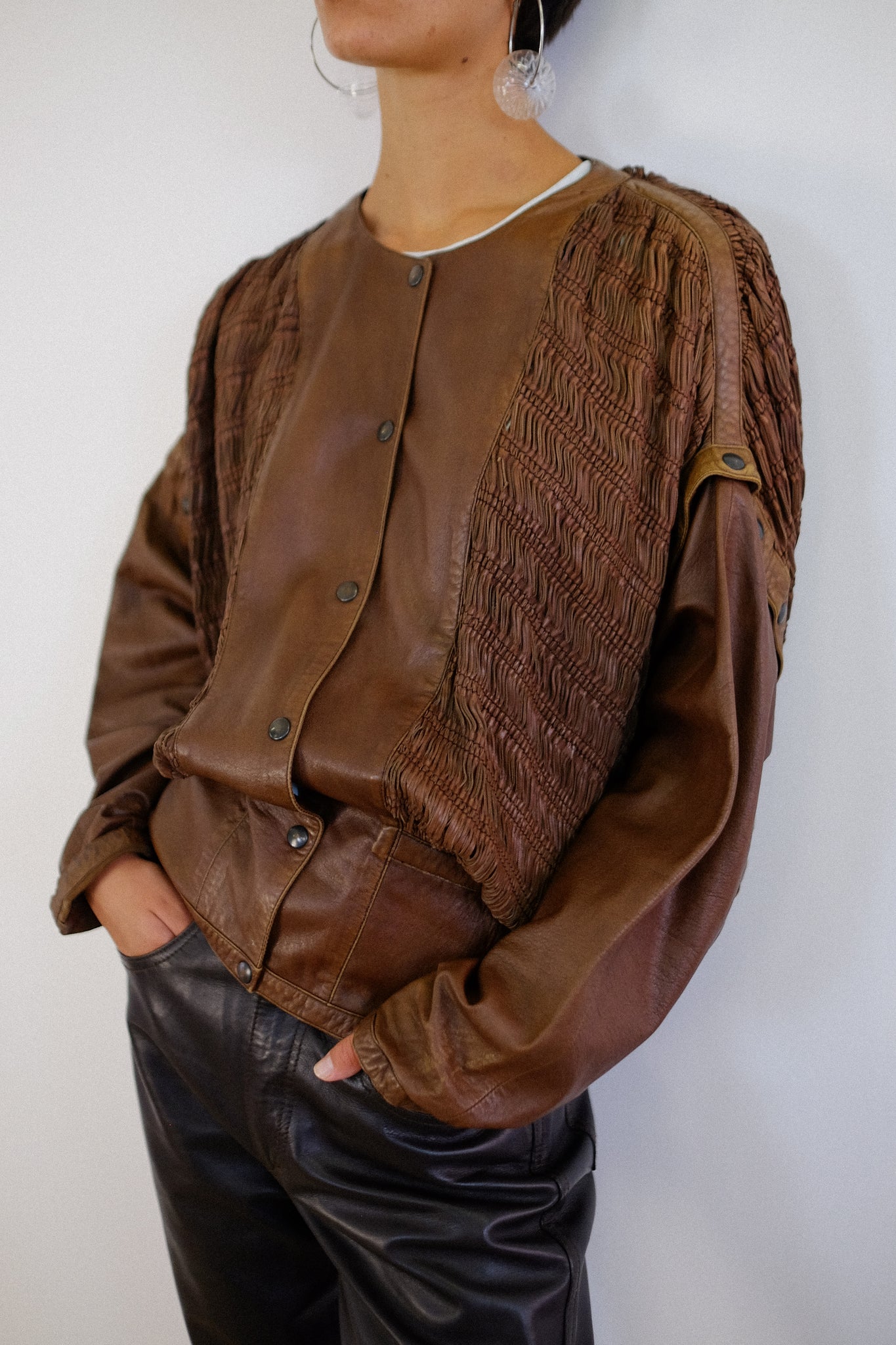 1980s MODULAR WOVEN LEATHER JACKET IN BROWN