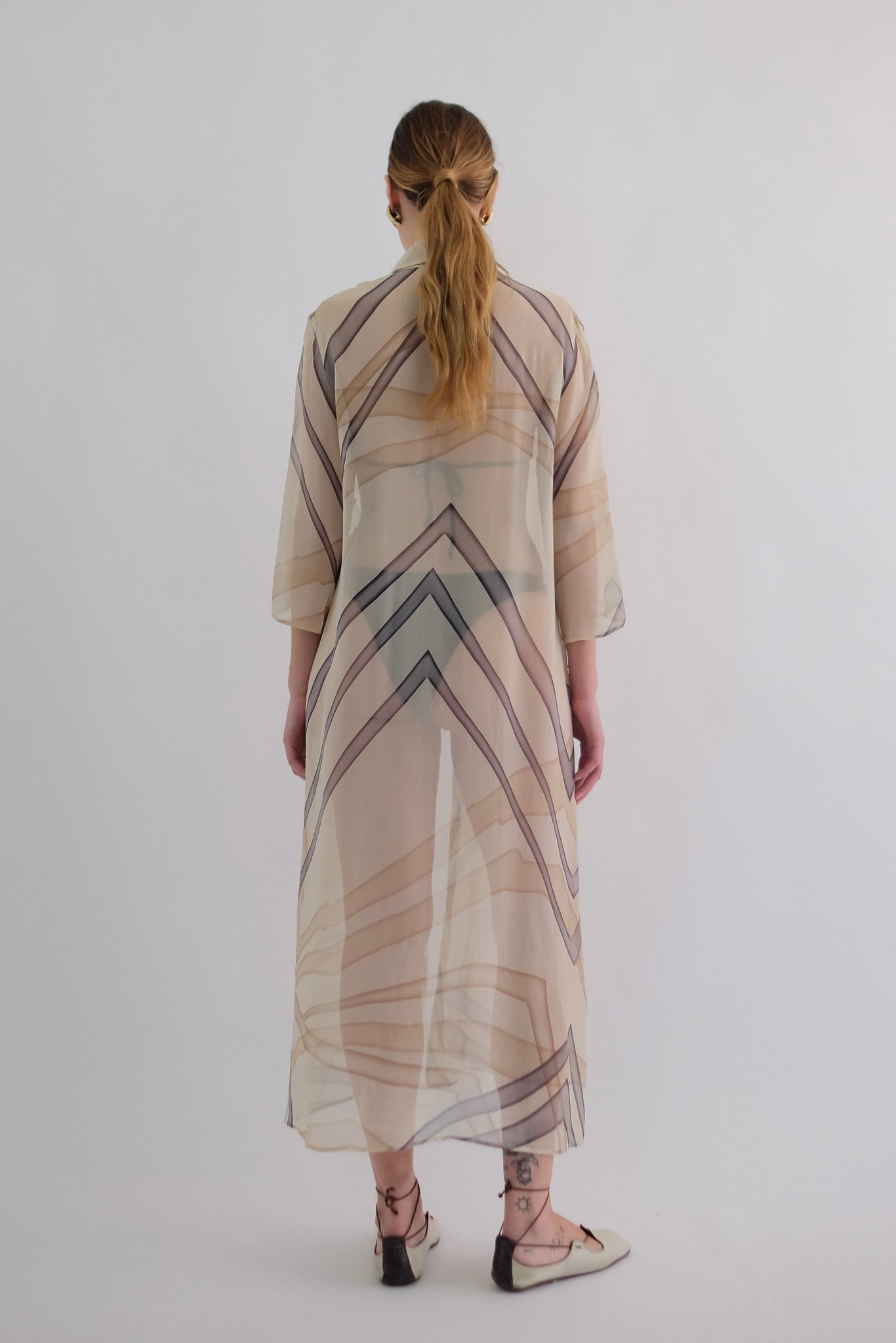 MAX MARA PURE SILK CHIFFON GEOMETRIC PRINT SHIRT DRESS IN CREAM