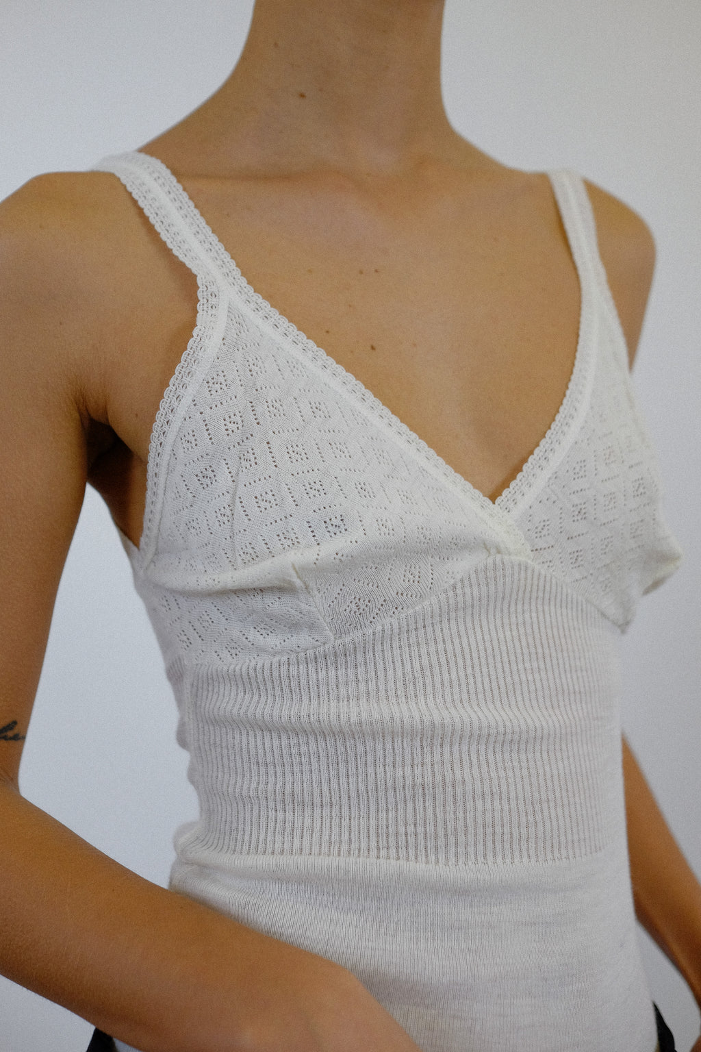 DEADSTOCK ITALIAN LACE KNIT CAMI TOP BY ALBERTINA IN NEUTRAL