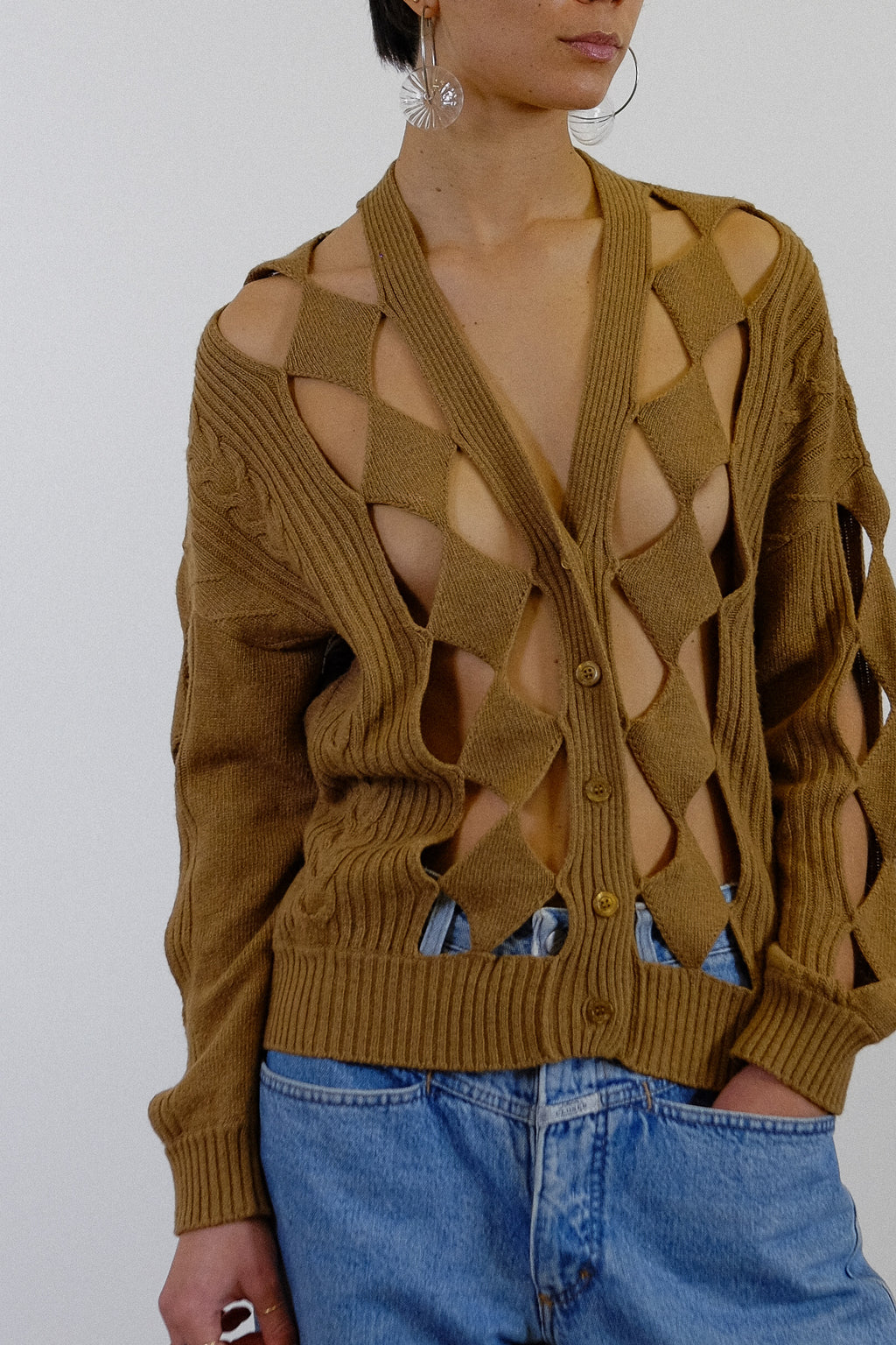 BOUTIQUE MOSCHINO OPEN KNIT JUMPER IN CARAMEL BROWN