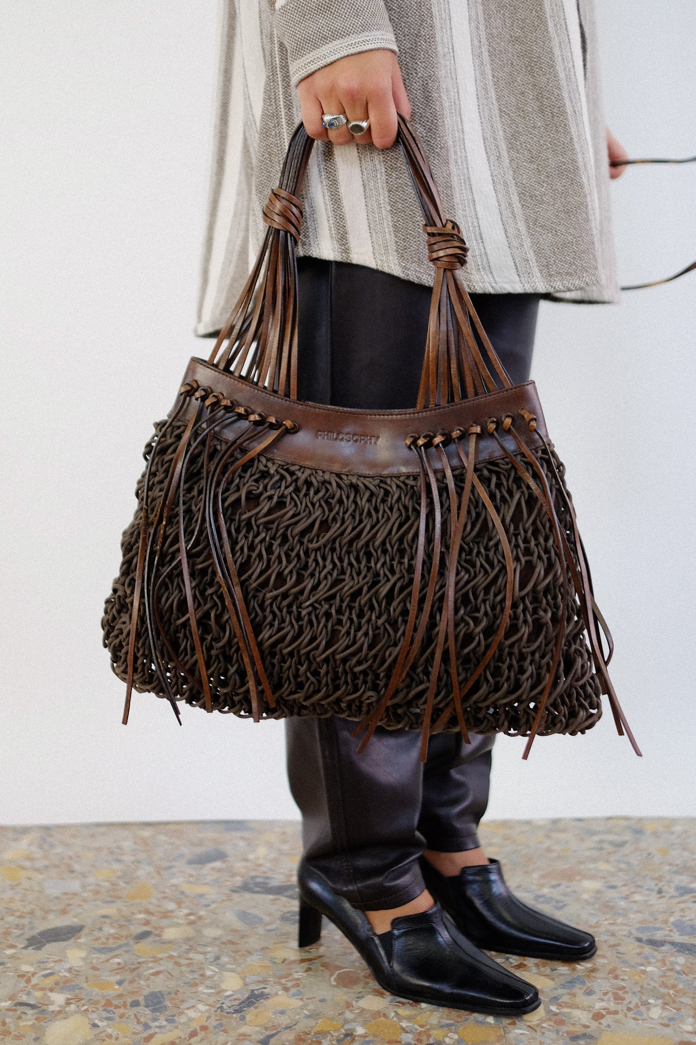 PHILOSOPHY BY ALBERTA FERRETTI WOVEN LEATHER & KNIT BAG IN CHOCOLATE BROWN