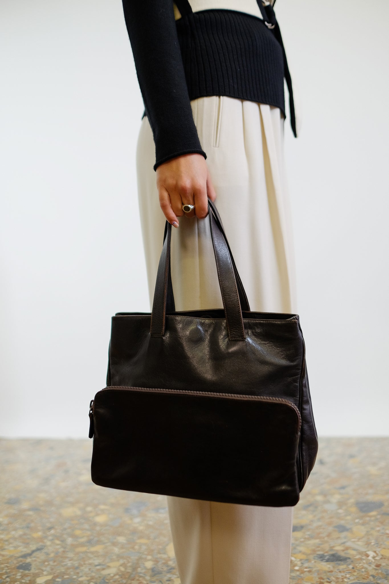 ABRO LEATHER 3D DOUBLE POCKET BAG IN DEEP BROWN