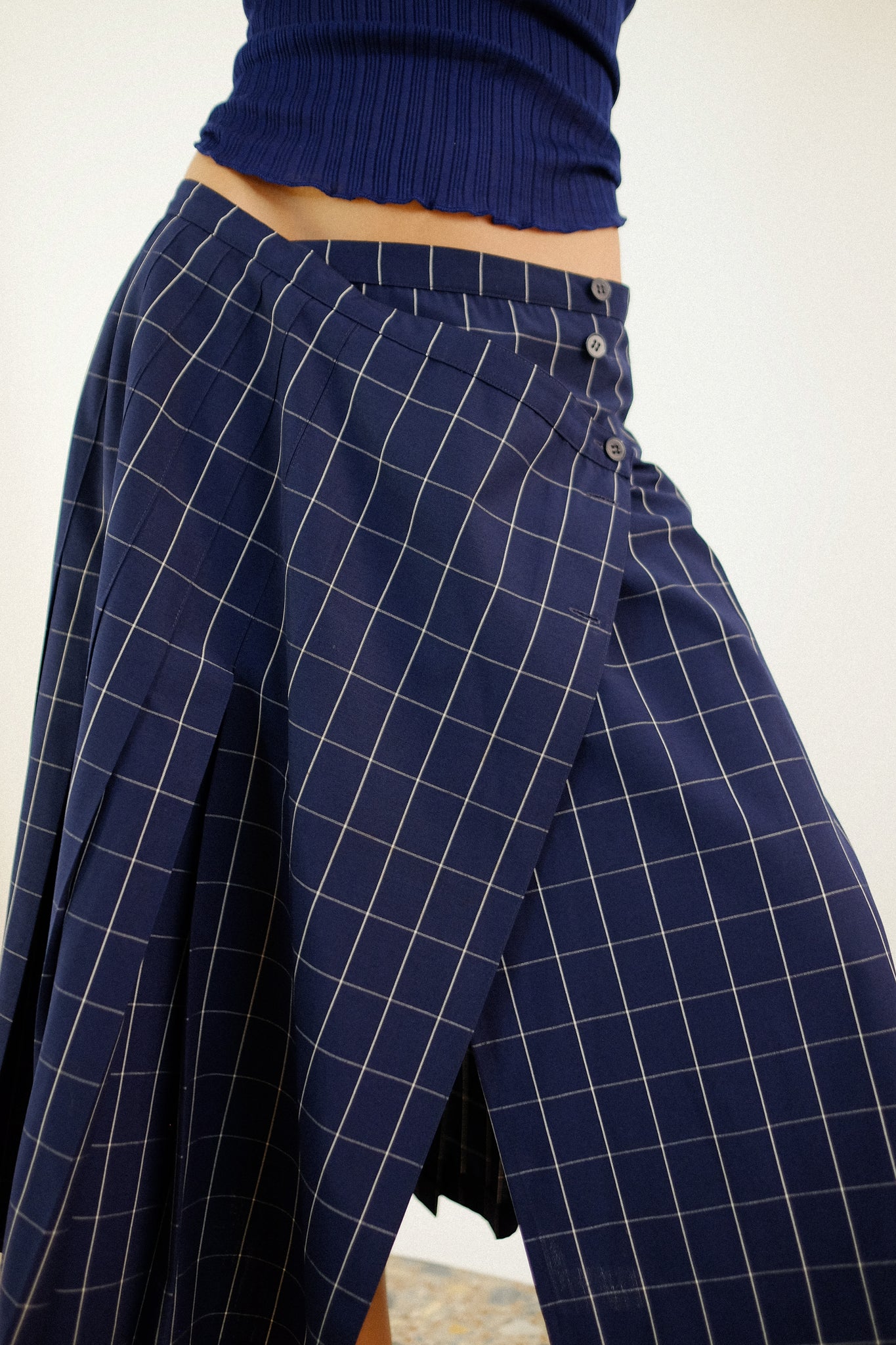MARINA RINALDI WRAP SKIRT IN NAVY BLUE PLAID
