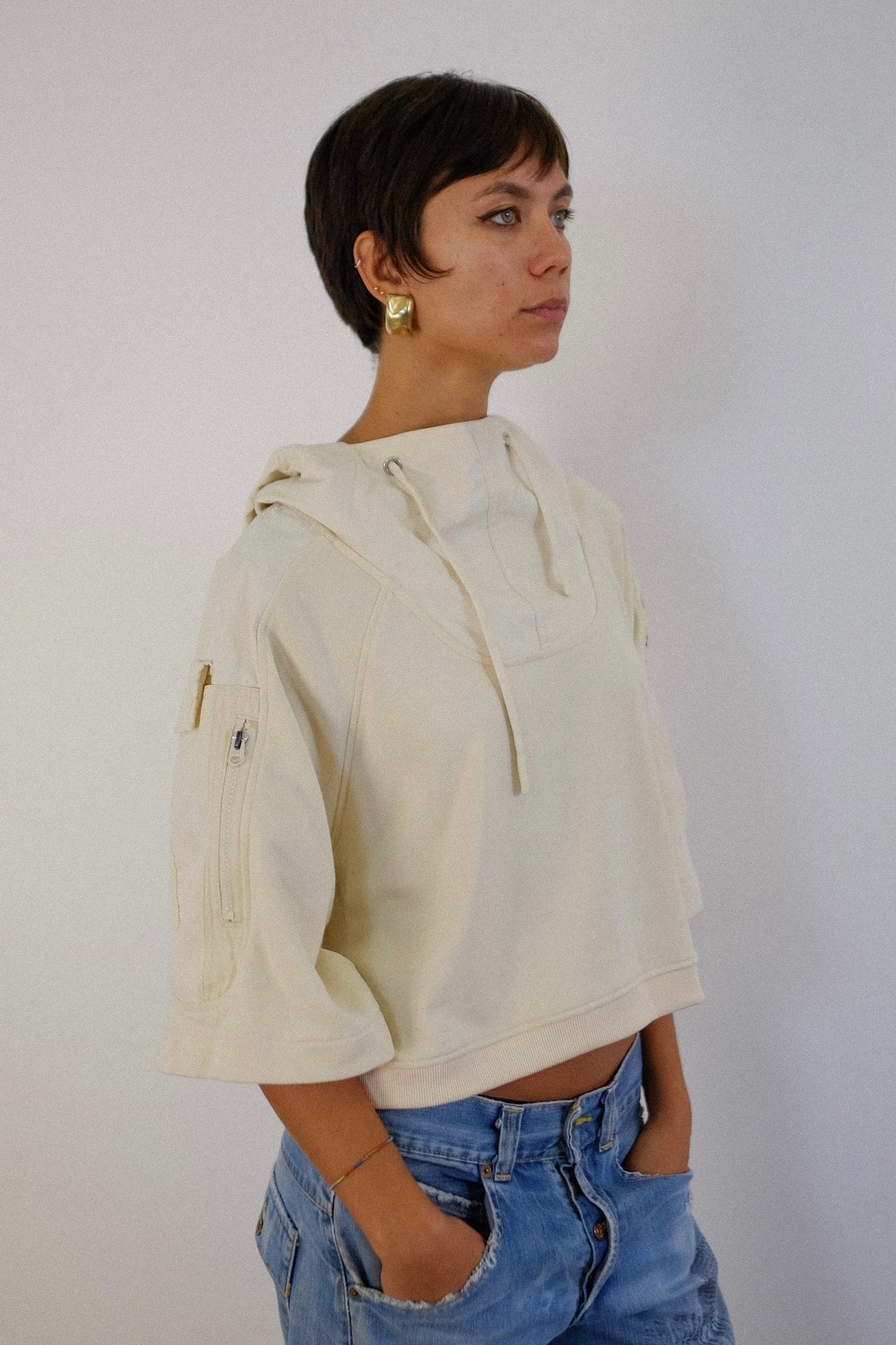 G-STAR CROP HOODIE IN BEIGE & CREAM