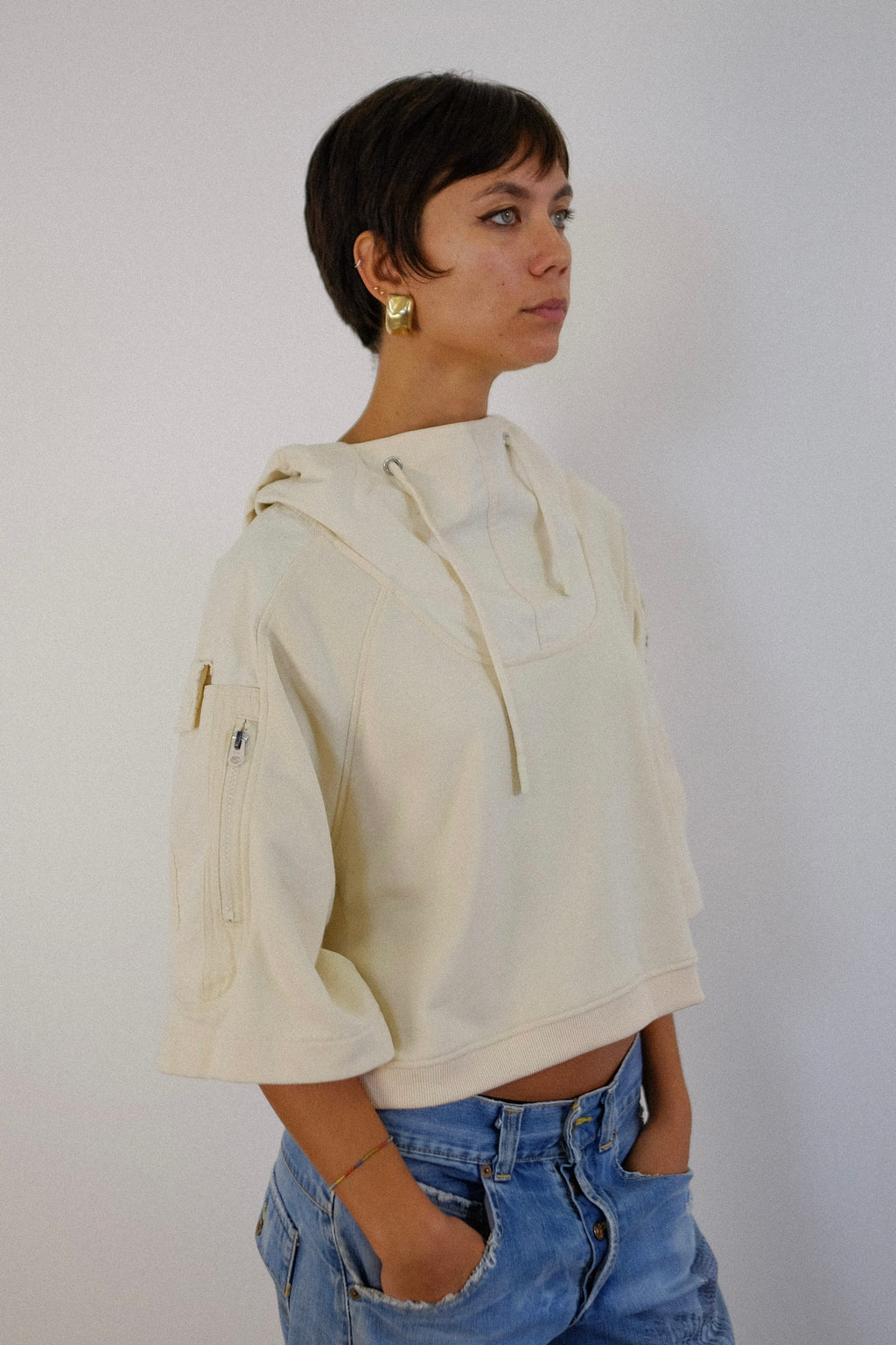 G-STAR CROP HOODIE IN BEIGE & CREAM