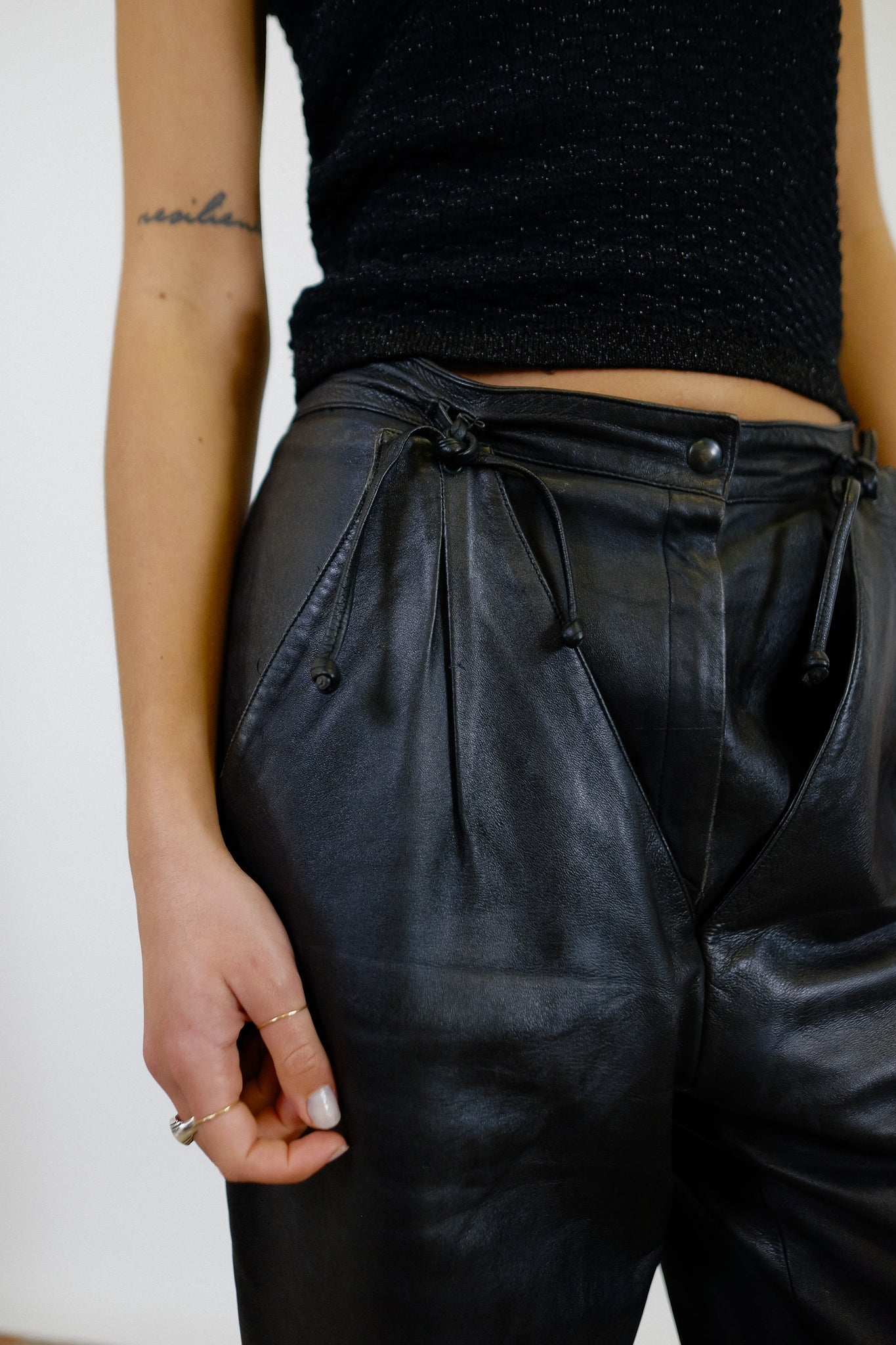 1980s CALFSKIN LEATHER CHAP TIE PANTS IN BLACK