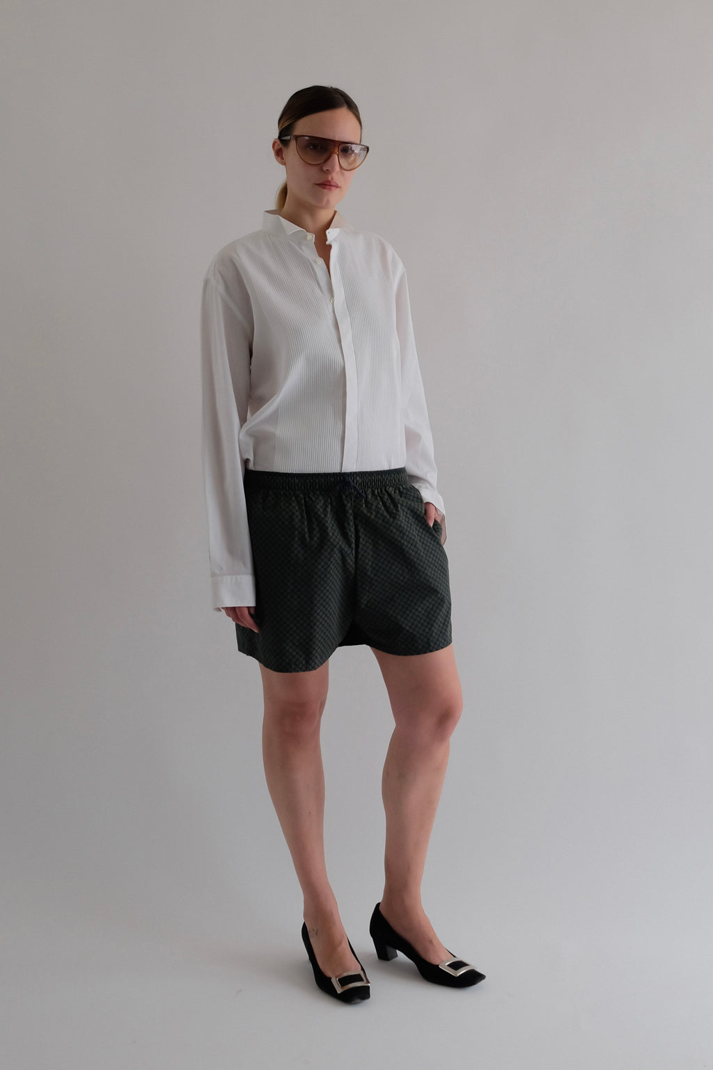 1980S FENDI UOMO COTTON SHORTS IN BLUE & GREEN MONOGRAM.
