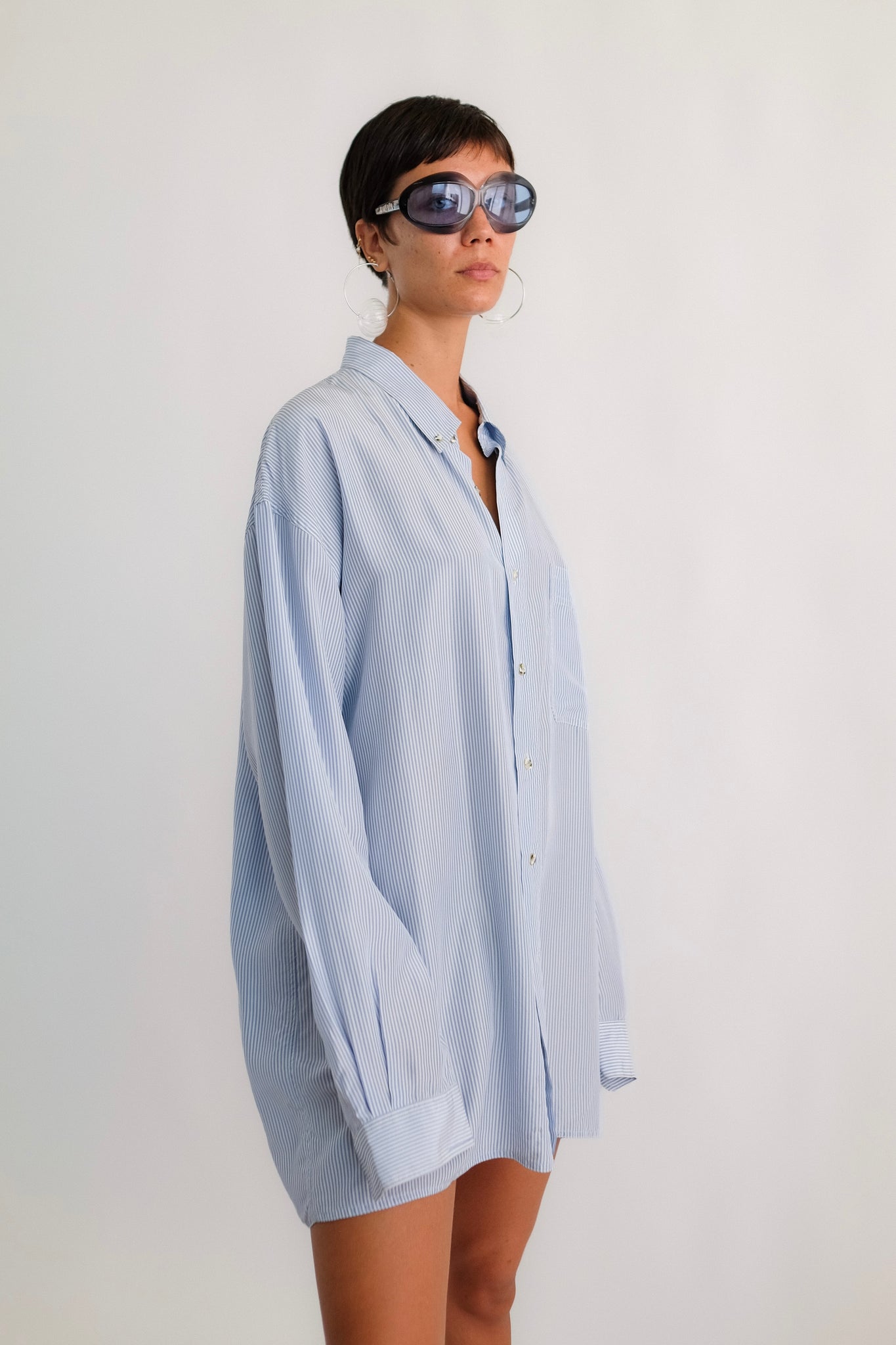 OVERSIZE SHIRT IN BLUE STRIPE SILK SATIN