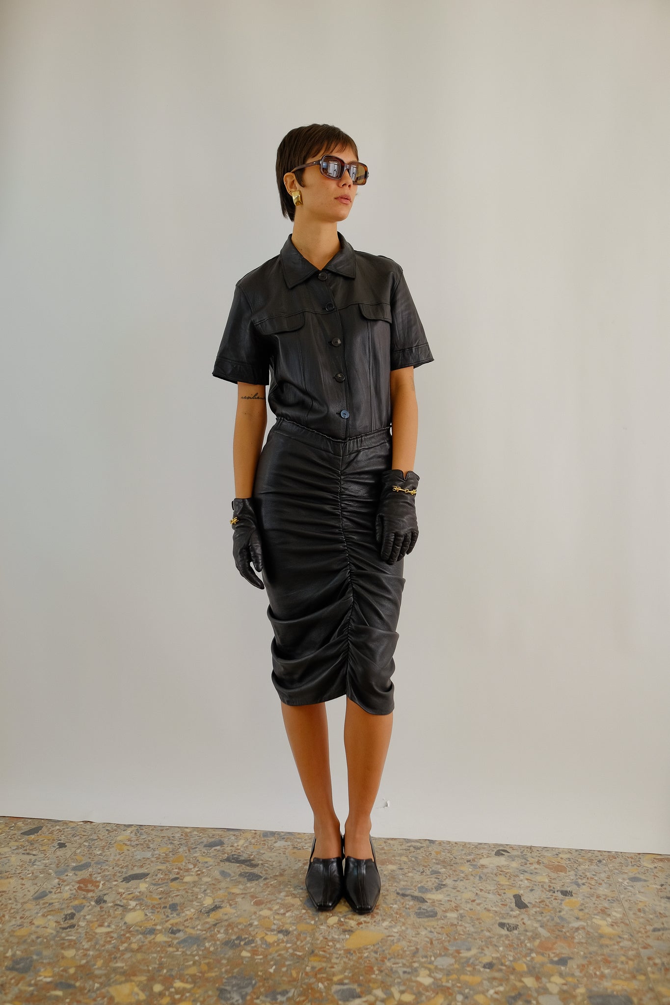 LEATHER RUCHED SKIRT IN BLACK