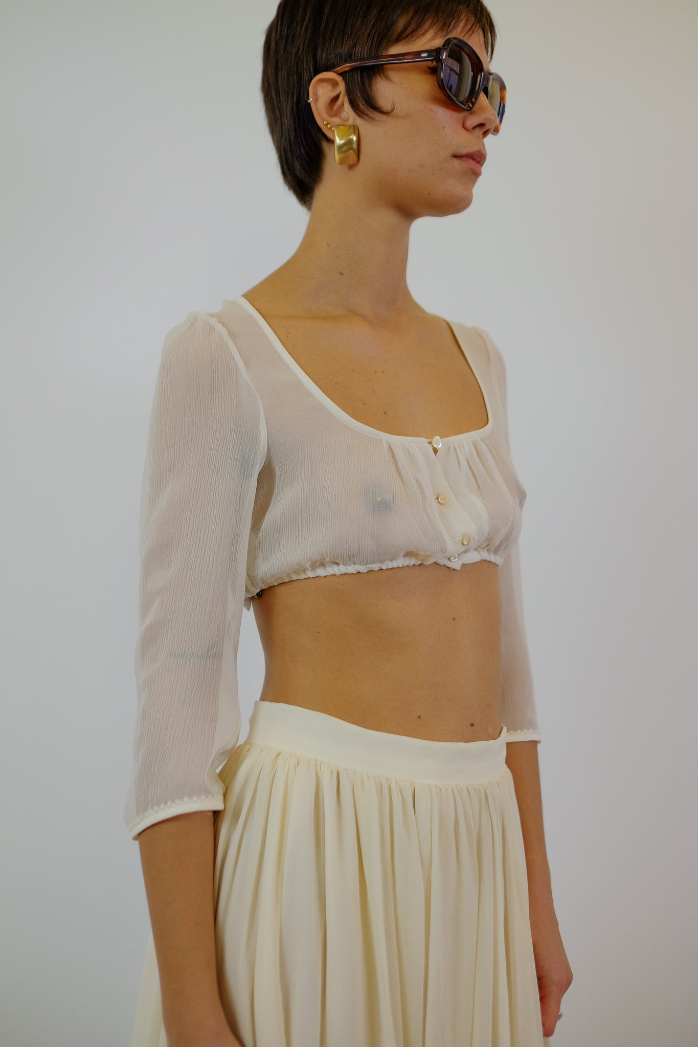 GÖSSL SHEER CROP SHIRT IN WHITE SILK CHIFFON - DEADSTOCK WITH TAGS
