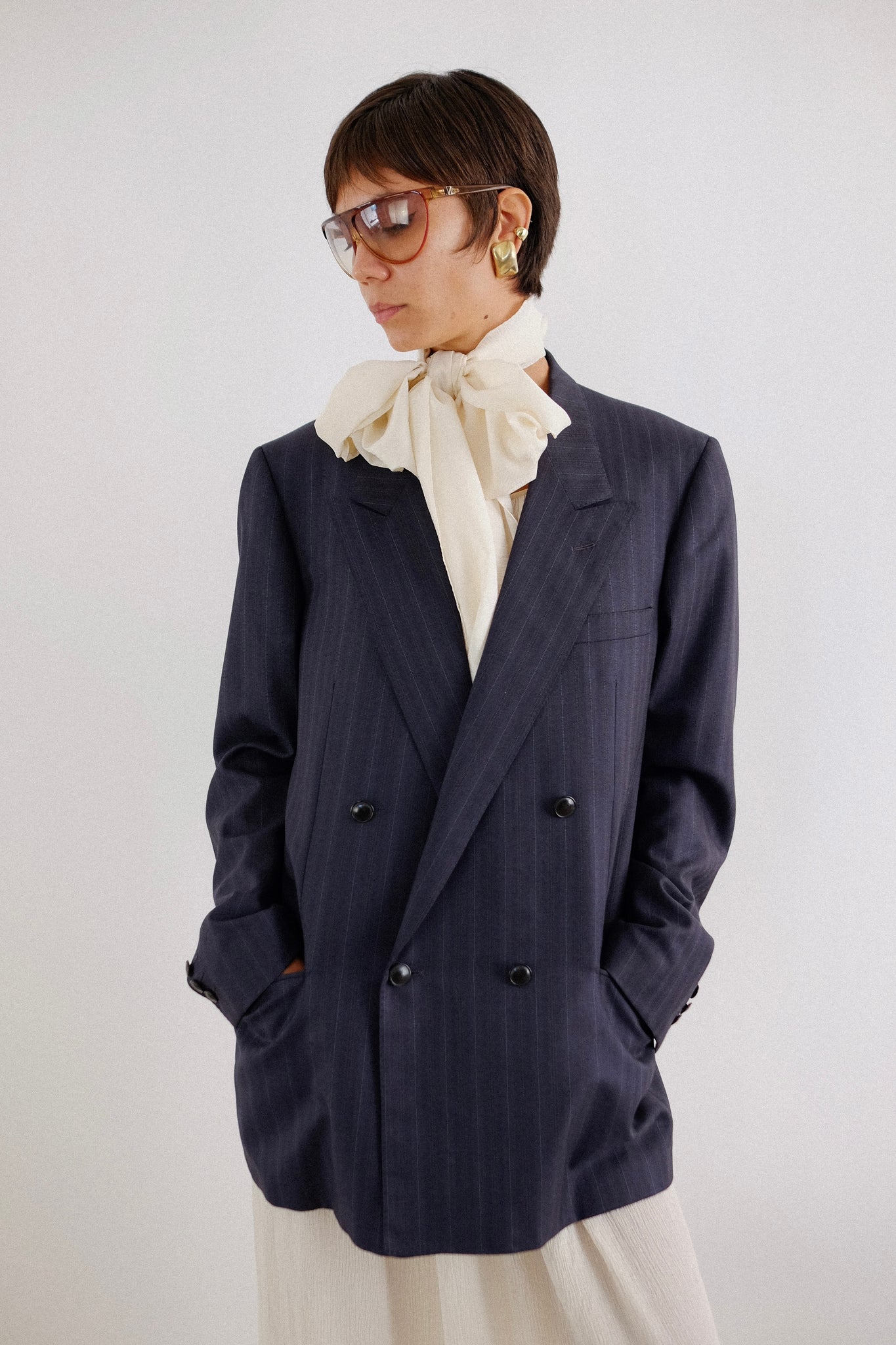 YSL PINSTRIPE DOUBLE BREASTED BLAZER IN DARK GREY STRIPE
