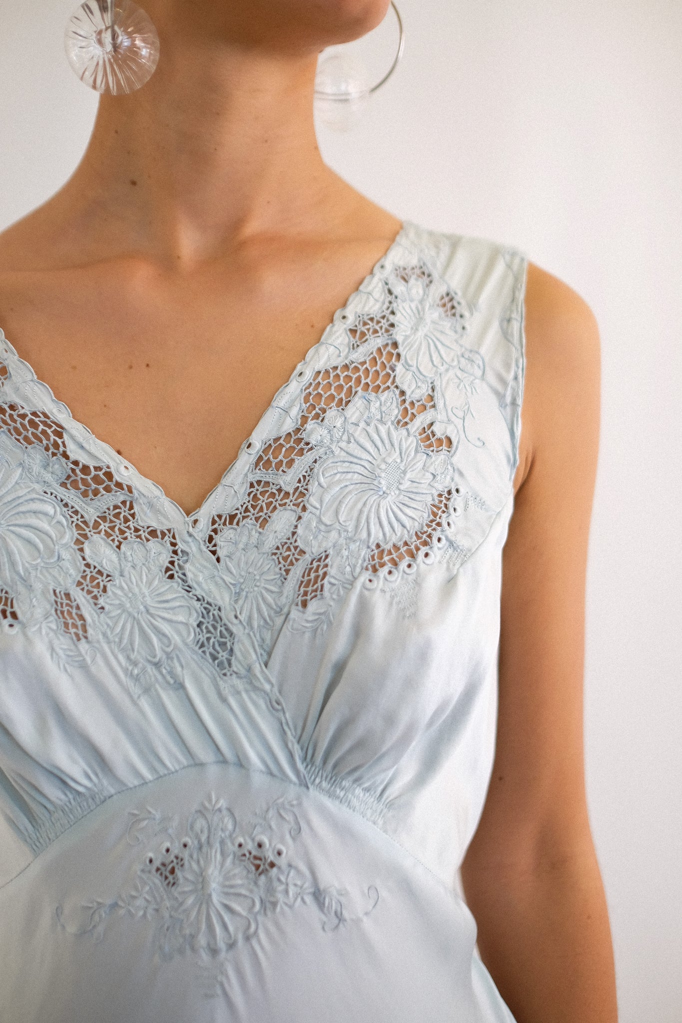 1940s HAND EMBROIDERED BIAS CUT SILK GOWN IN DUCK EGG BLUE
