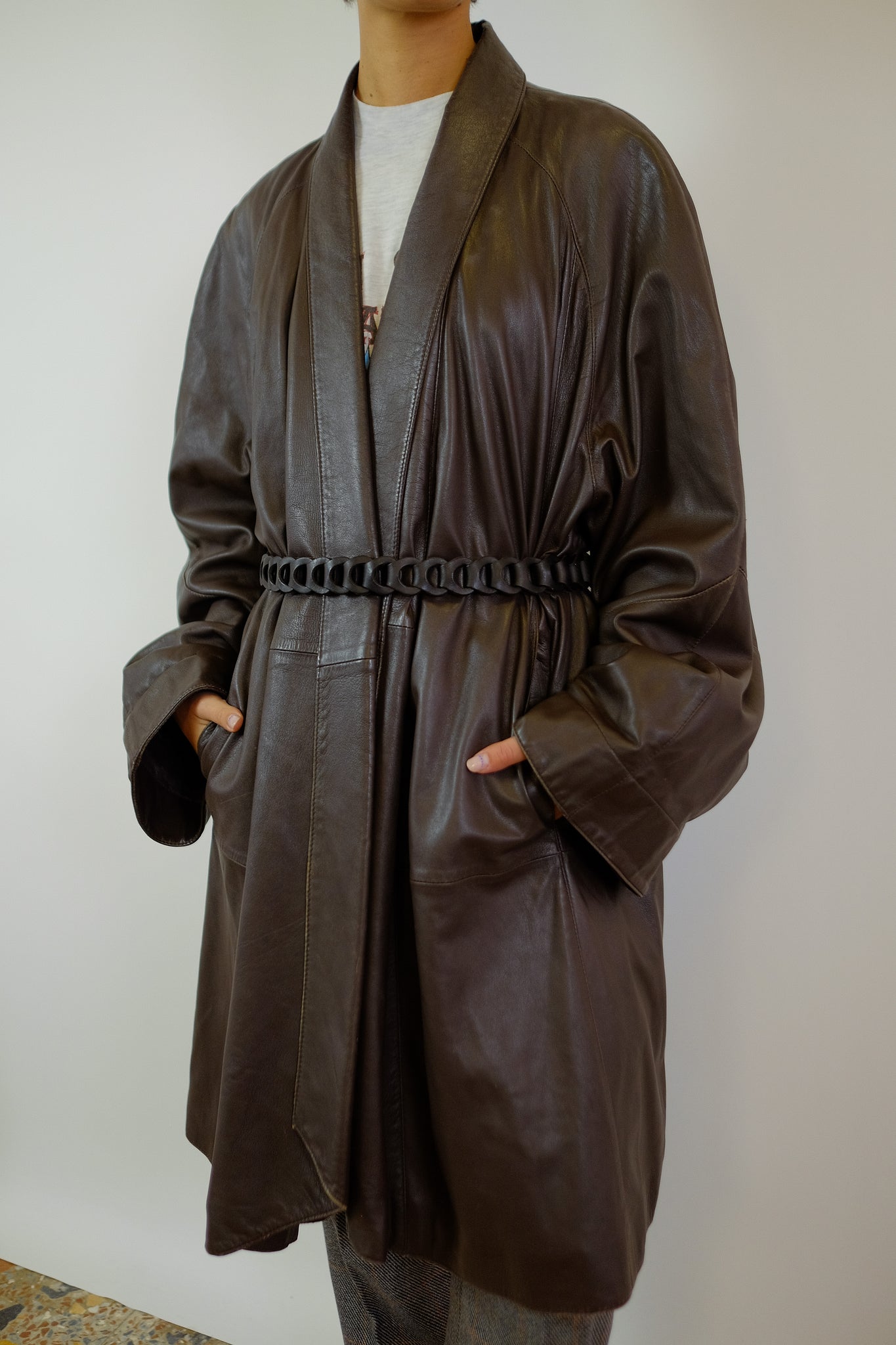 LEATHER SHAWL COAT IN DARK BROWN