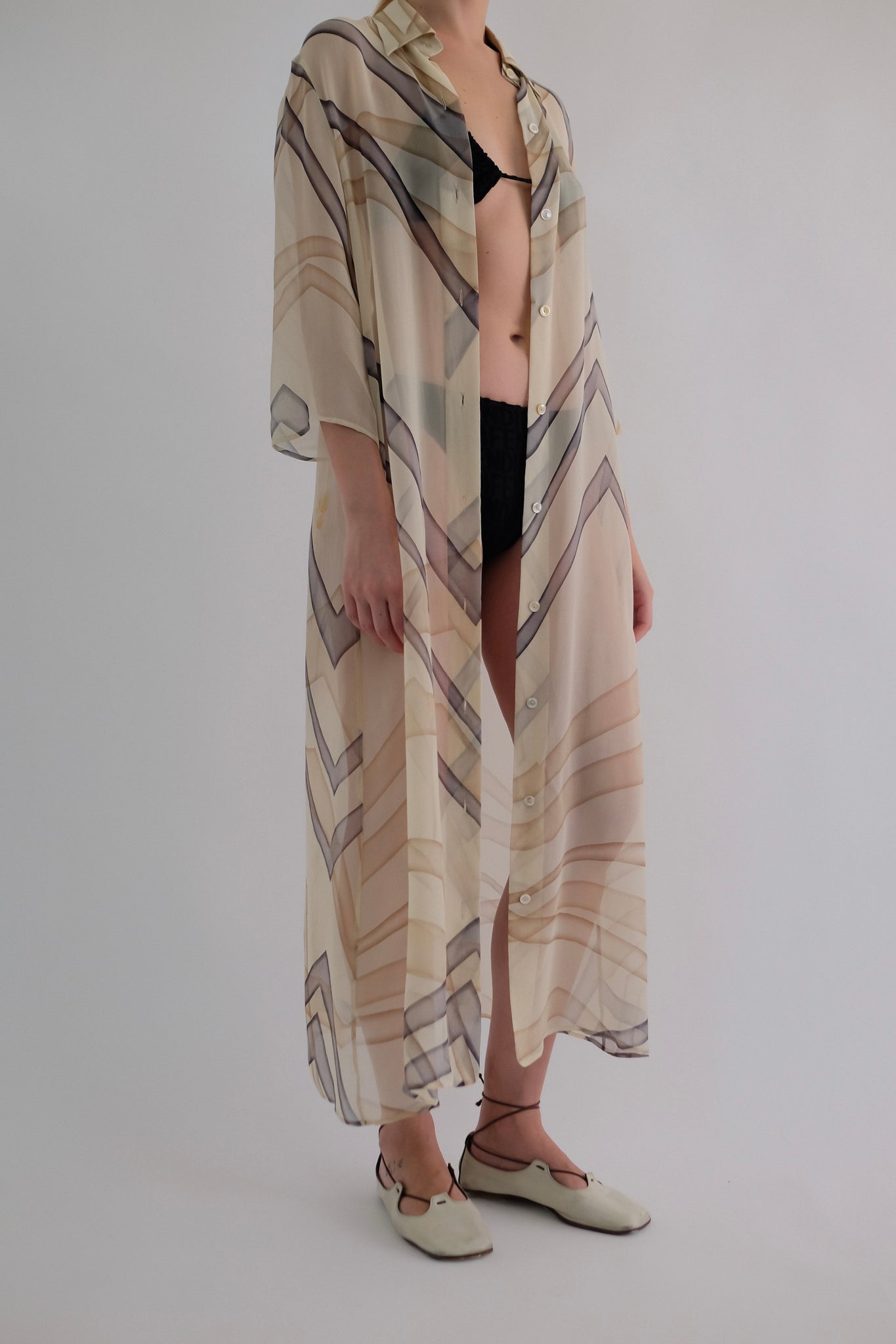 MAX MARA PURE SILK CHIFFON GEOMETRIC PRINT SHIRT DRESS IN CREAM