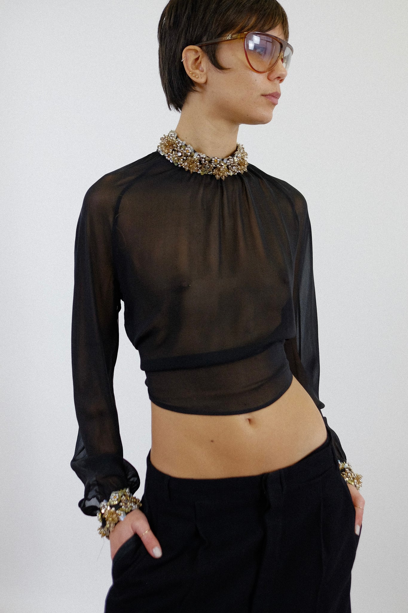 CARINI HAND EMBROIDERED SILK CHIFFON TIE BLOUSE IN BLACK