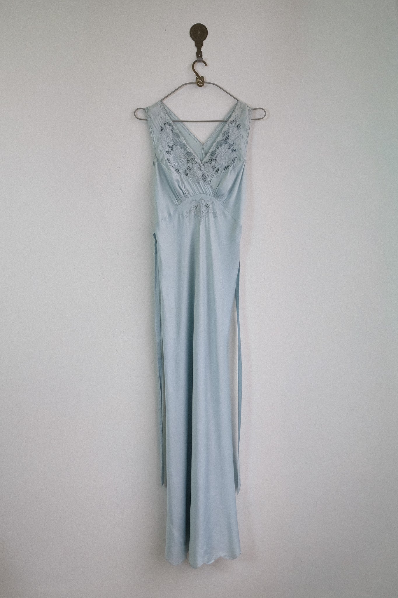 1940s HAND EMBROIDERED BIAS CUT SILK GOWN IN DUCK EGG BLUE