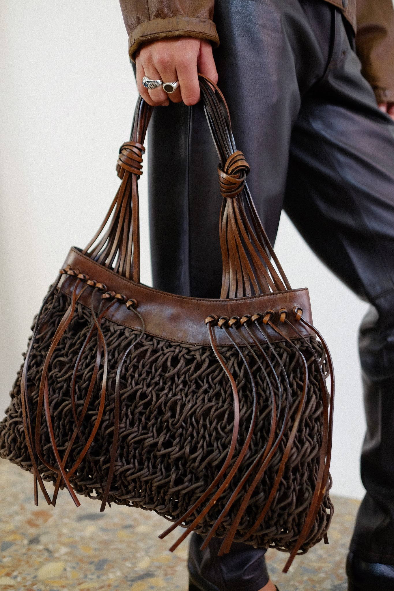 PHILOSOPHY BY ALBERTA FERRETTI WOVEN LEATHER & KNIT BAG IN CHOCOLATE BROWN