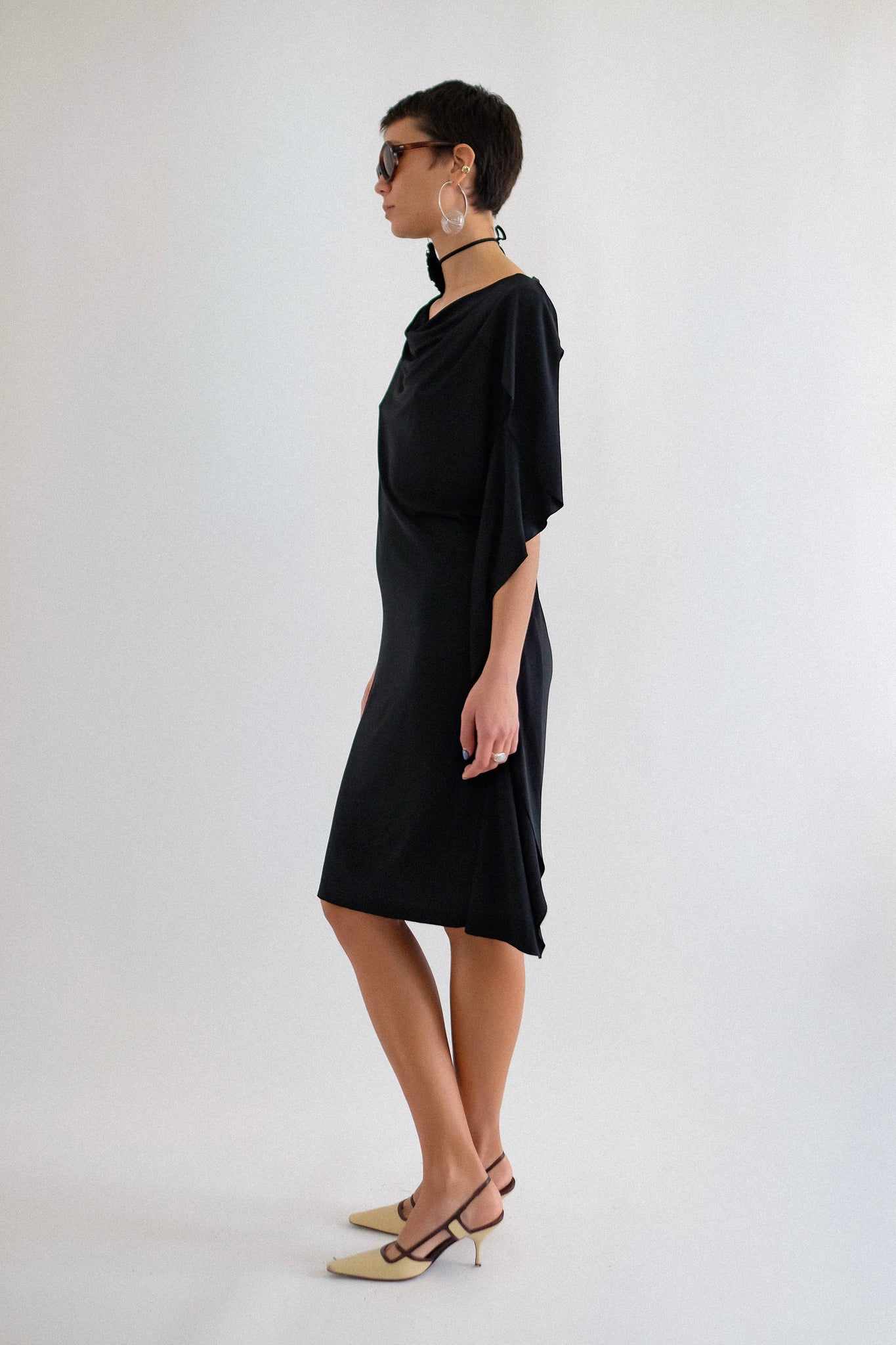 SALVATORE FERRAGAMO ASYMMETRIC DRAPED DRESS IN BLACK