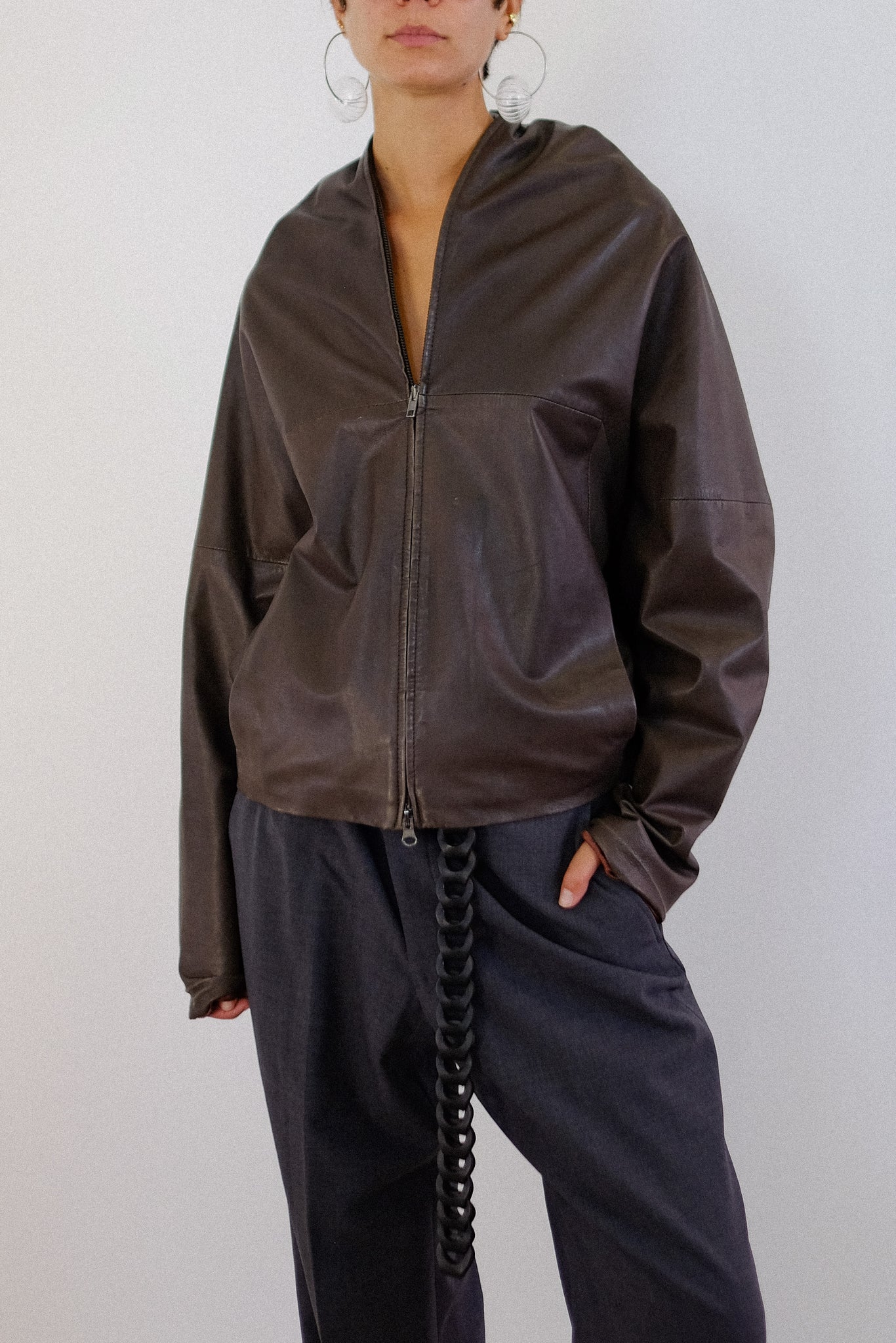 AMEN FULL ZIP LEATHER JACKET IN DEEP BROWN