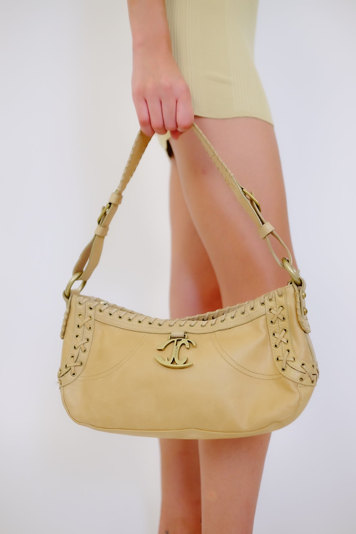 CAVALLI OVERSTITCHED LEATHER SHOULDER BAG