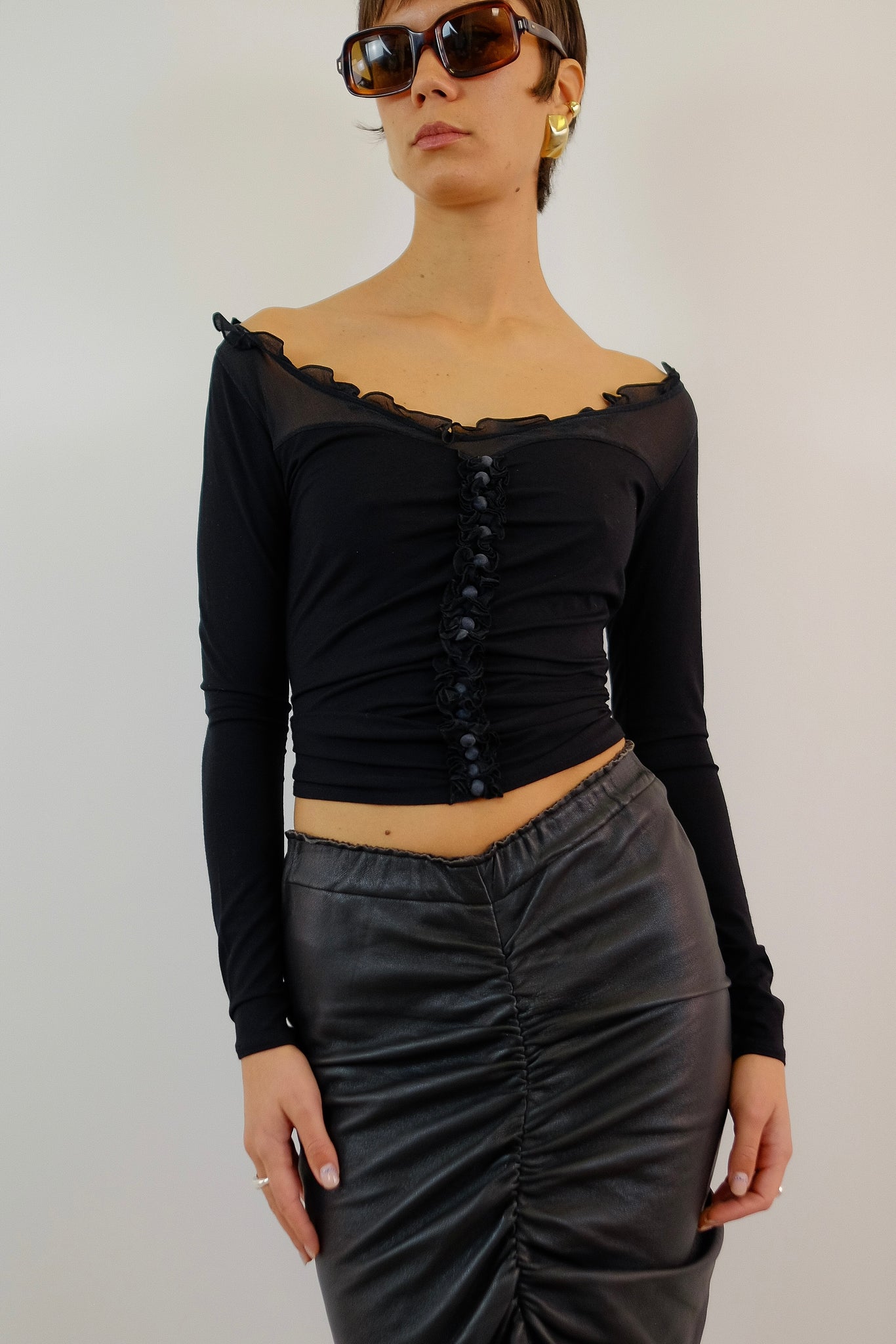 MAXMARA RUCHED TOP IN BLACK JERSEY & SILK