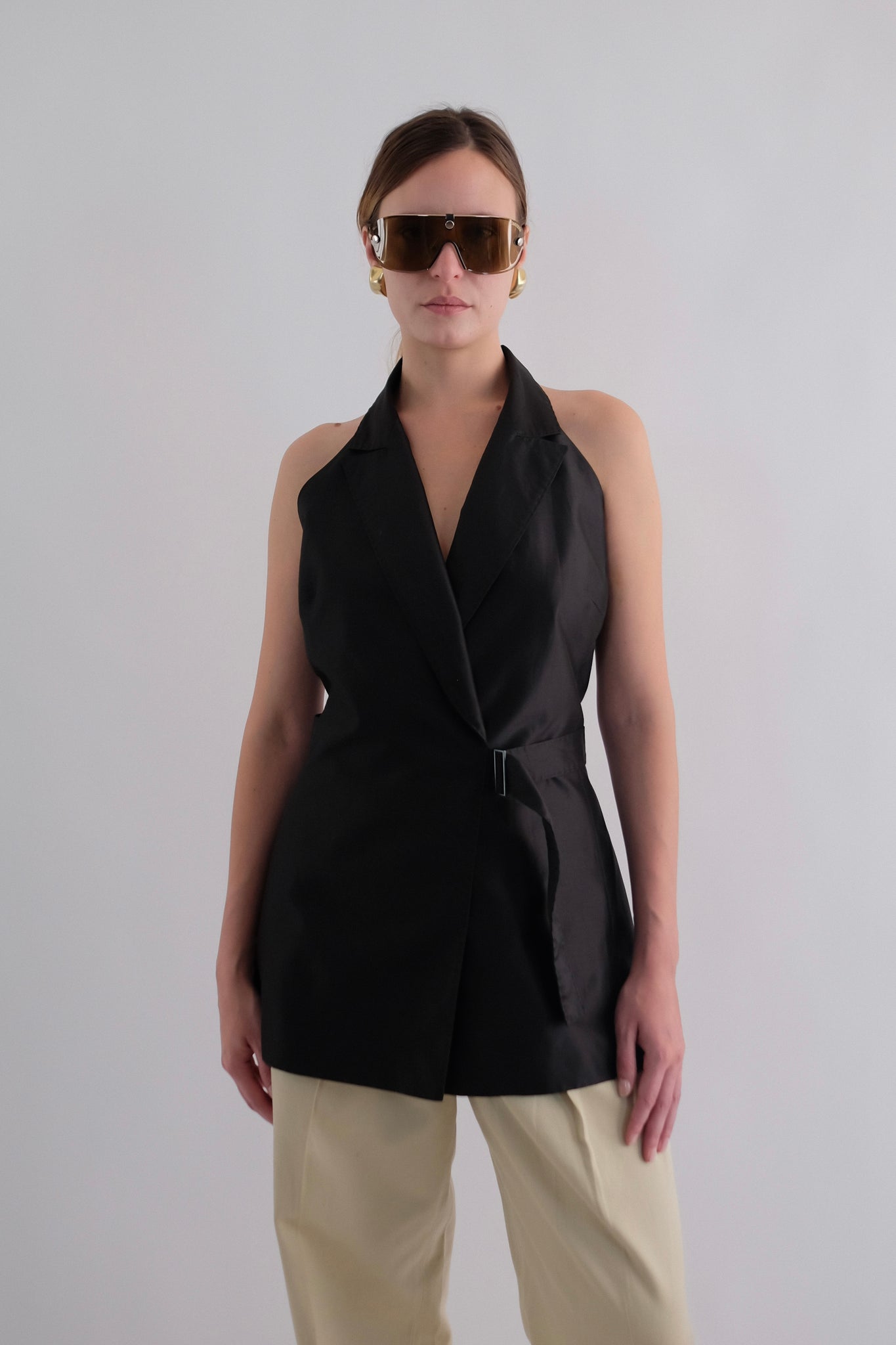 MAX MARA PIANOFORTE SILK BLEND TAILORED WRAP HALTER TOP IN BLACK