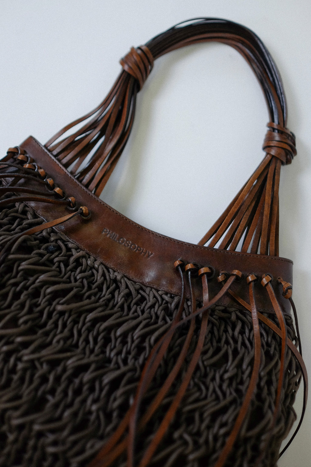 PHILOSOPHY BY ALBERTA FERRETTI WOVEN LEATHER & KNIT BAG IN CHOCOLATE BROWN
