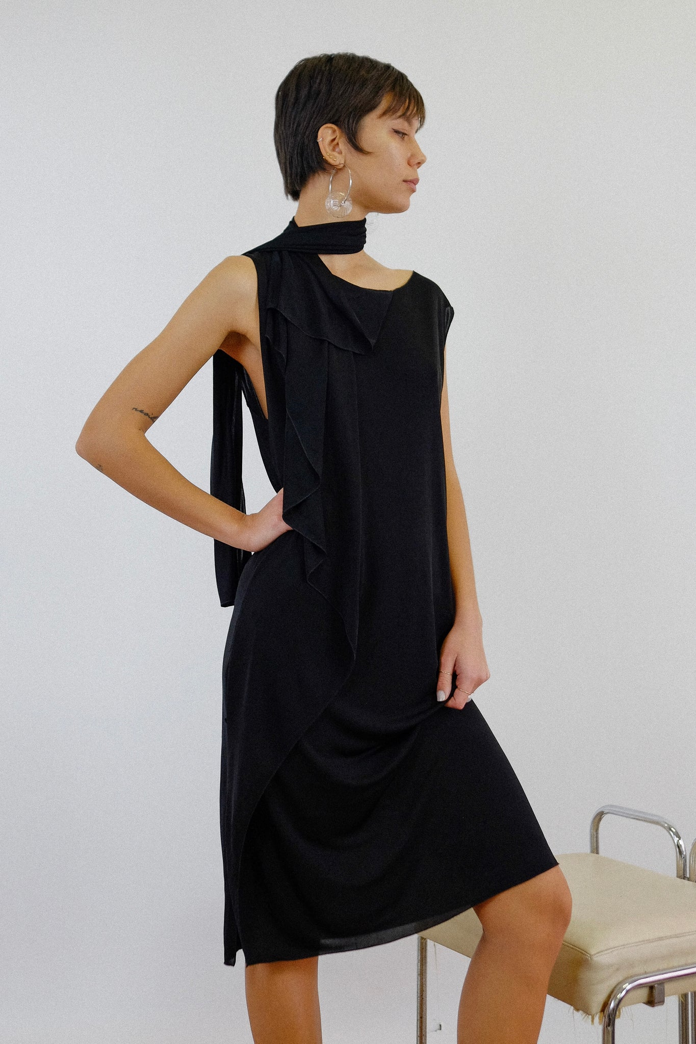 BOTTEGA VENETA TIE-NECK DRESS IN BLACK