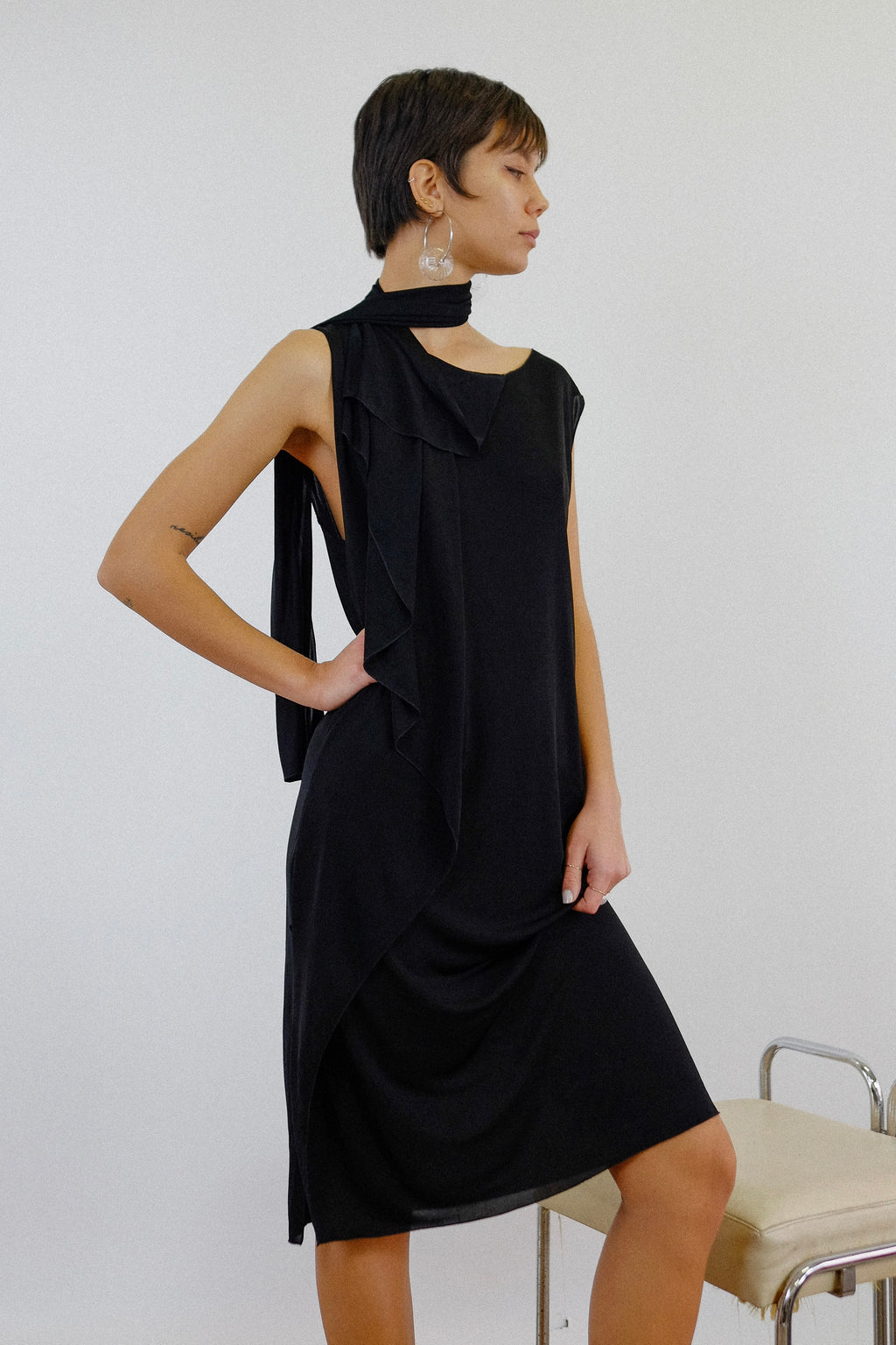 BOTTEGA VENETA TIE-NECK DRESS IN BLACK