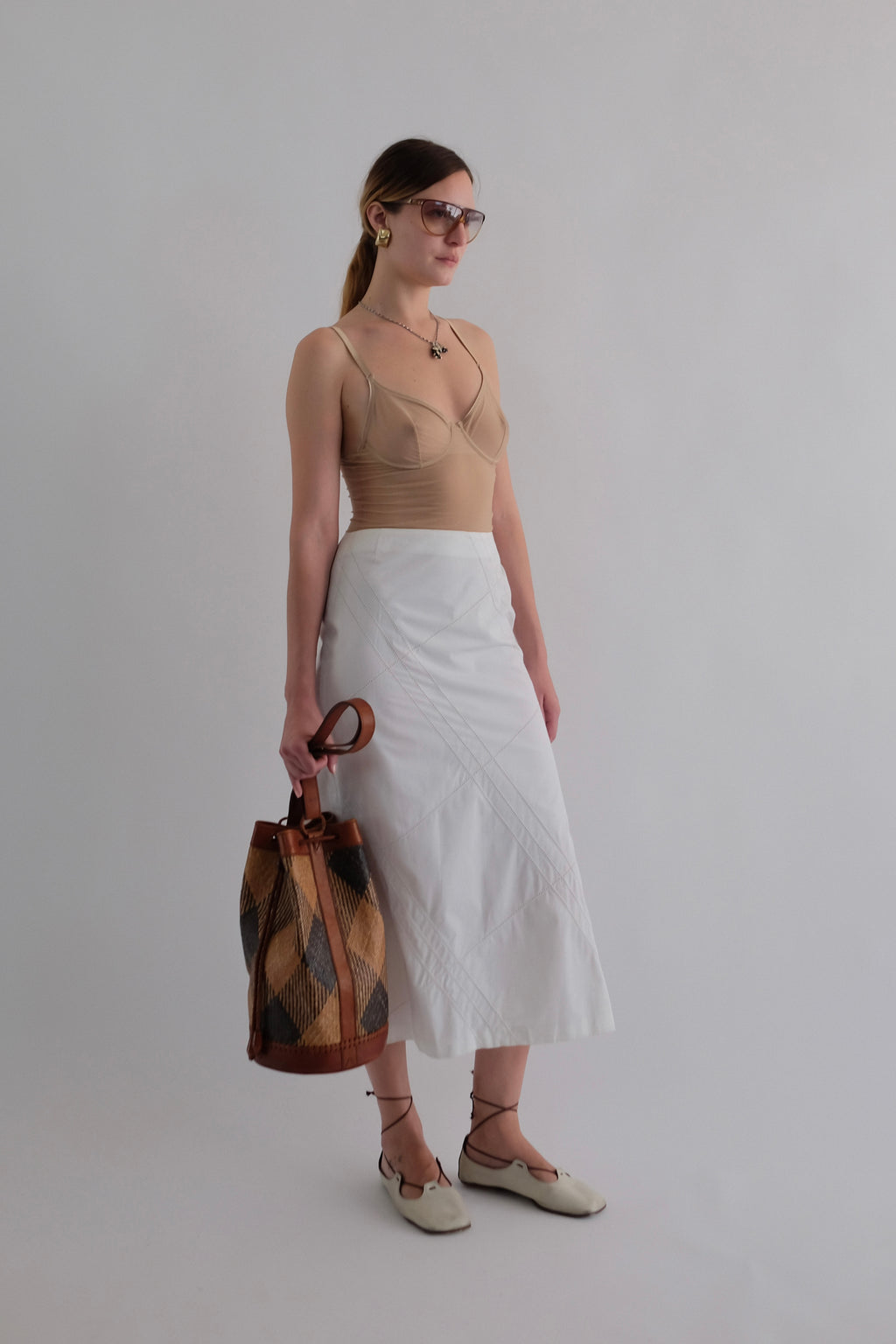 ROMAN BOUTIQUE VINTAGE DEADSTOCK MAXI SKIRT IN WHITE OPEN WORK COTTON