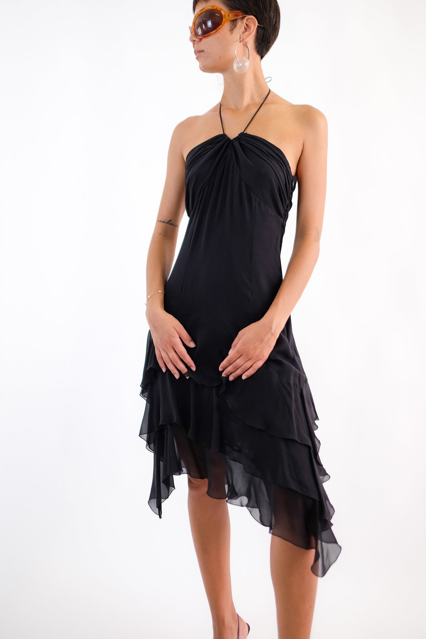RUFFLE DRESS IN BLACK SILK