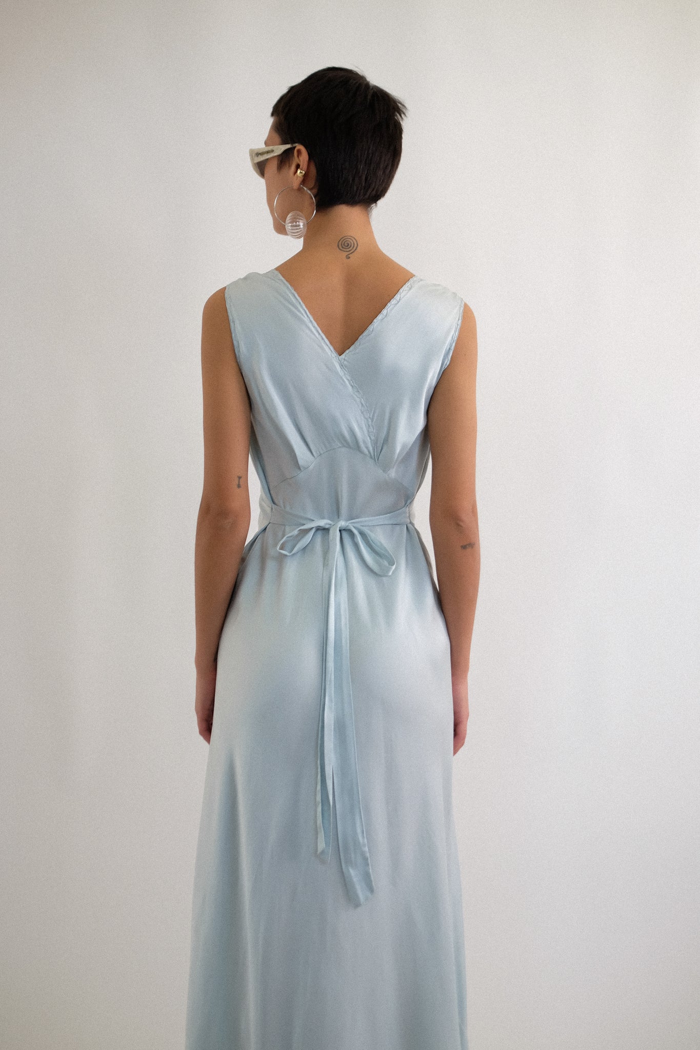 1940s HAND EMBROIDERED BIAS CUT SILK GOWN IN DUCK EGG BLUE