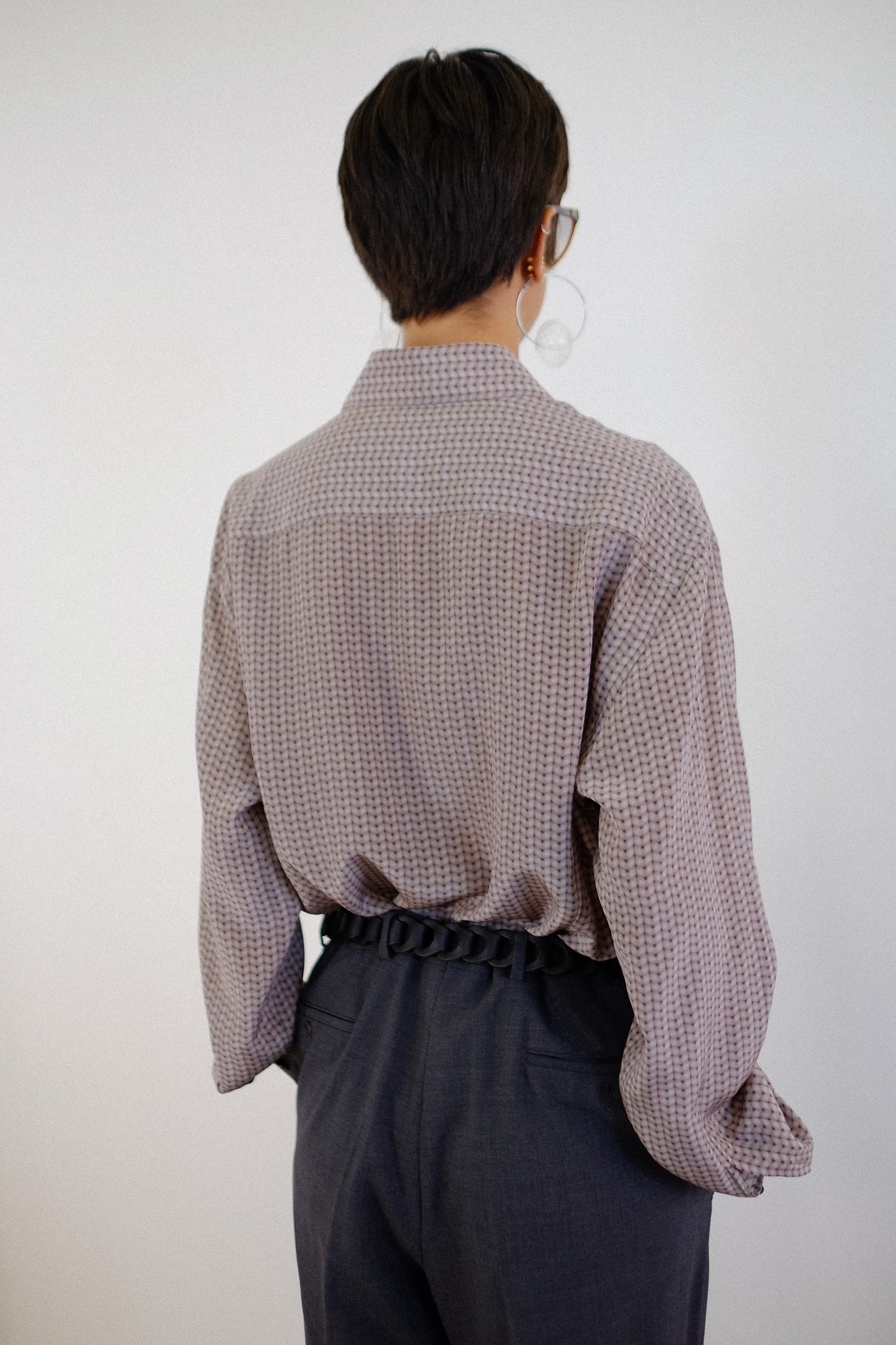 GIORGIO ARMANI TROMPE L'OEIL KNIT PRINT SILK SHIRT IN BROWN & BEIGE