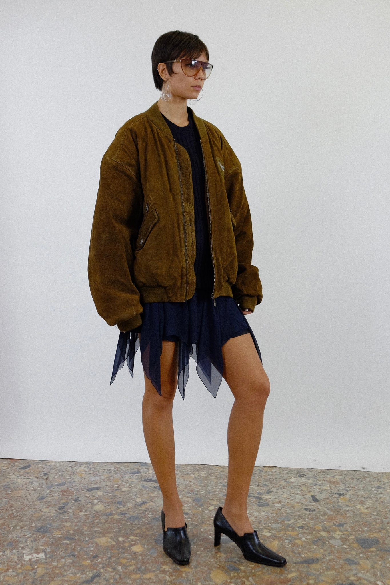 80S “WATCH THE FUTURE” SUEDE LEATHER BOMBER IN CHOCOLATE BROWN