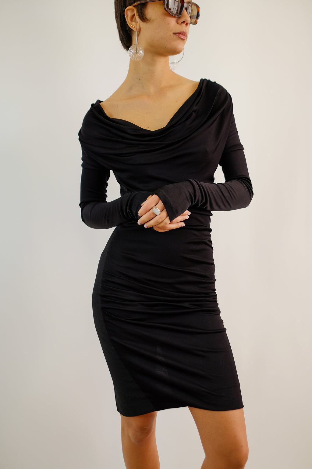 PATRIZIA PEPE COWL NECK MINI DRESS IN BLACK