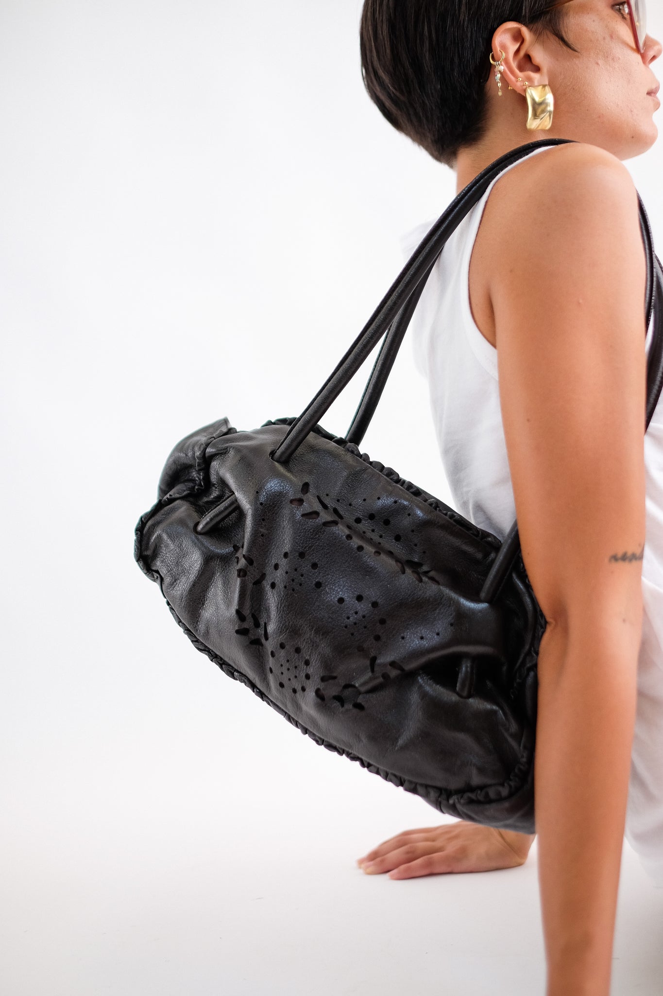 FURLA PERFORATED LEATHER BAG IN DARK CHOCOLATE BROWN