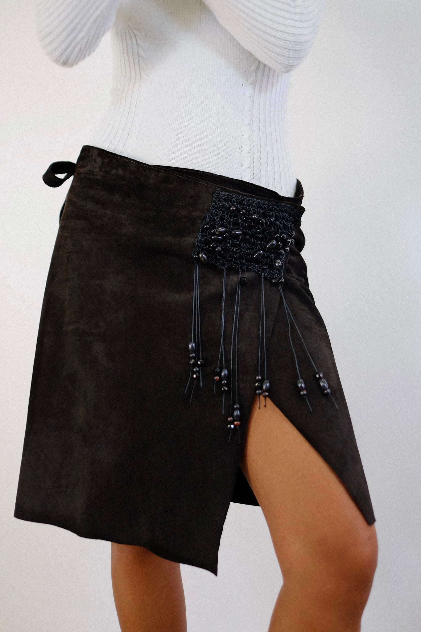 NUDE LEATHER WRAP BEADED SKIRT IN CHOCOLATE BROWN