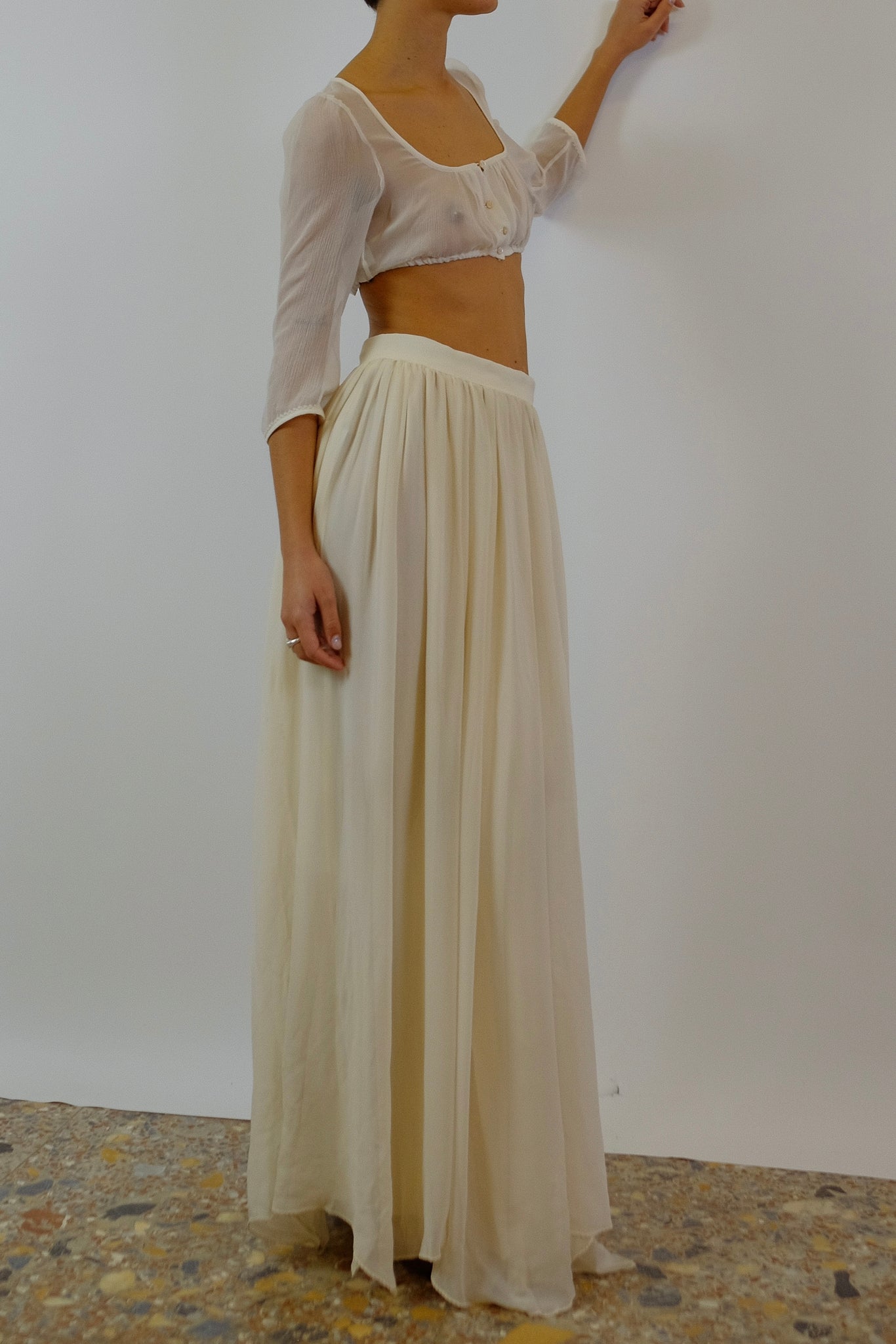 1970S COUTURE SILK SKIRT IN CREAM WHITE