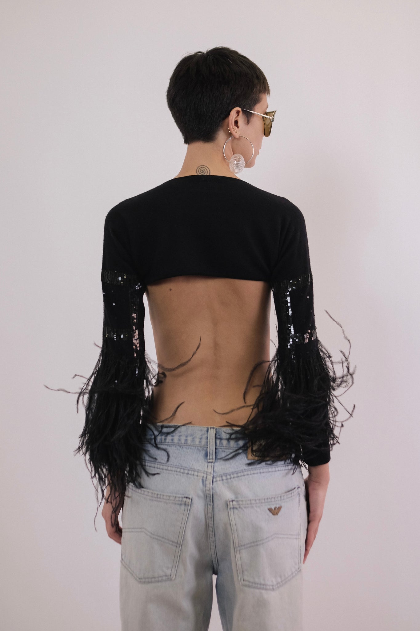 VALENTINO FEATHER AND SEQUIN EMBROIDERED SHRUG IN BLACK