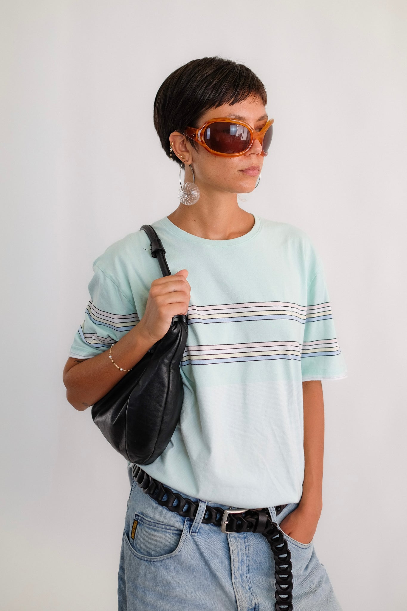 80S YVES SAINT LAURENT T IN PASTEL MINT RAYURE JERSEY