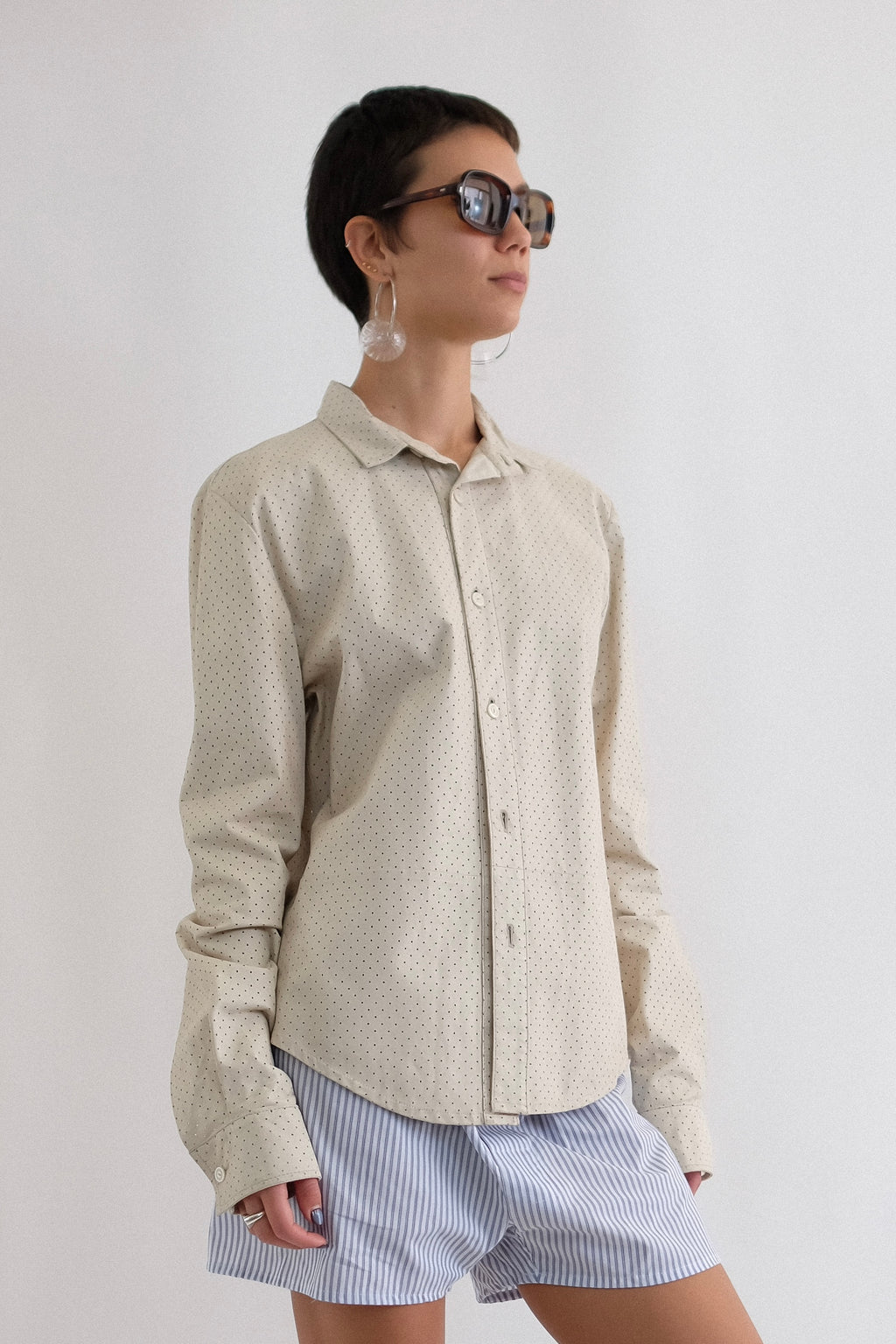 GIANFRANCO FERRÉ PERFORATED LEATHER SHIRT IN LIGHT TAUPE