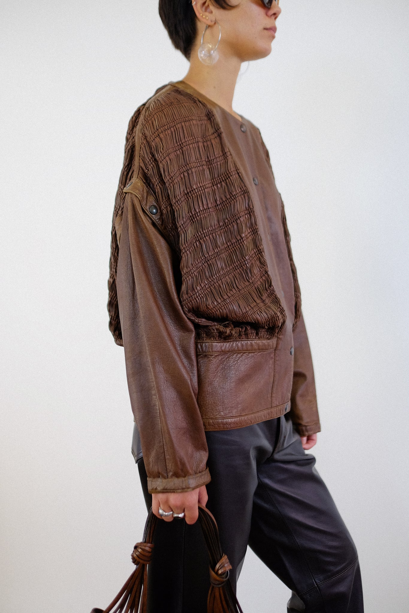 1980s MODULAR WOVEN LEATHER JACKET IN BROWN