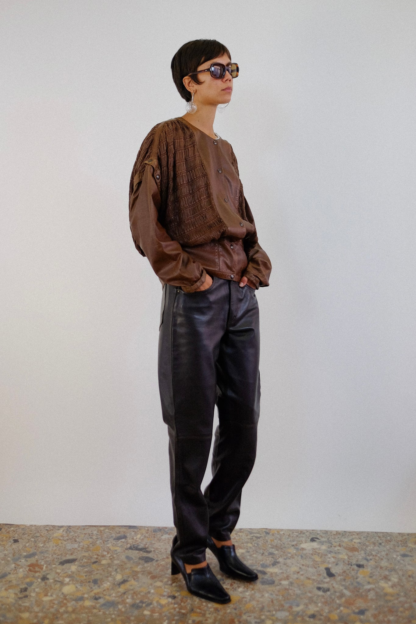 1980s MODULAR WOVEN LEATHER JACKET IN BROWN